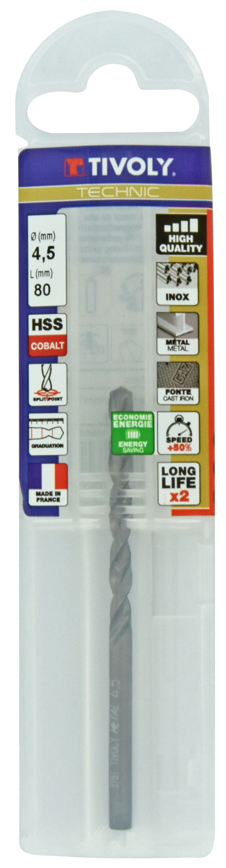 Foret métaux HSS-E5 -Revêtu GOLD -DIN338 -h8 -Pointe en croix -Gradué SLR Ø: 4.5 L: 80 TIVOLY - 11468540450