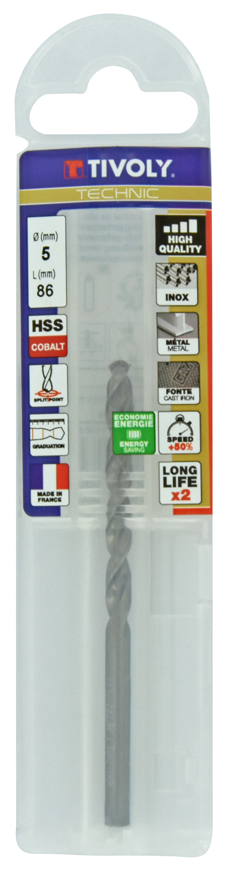 Foret métaux HSS-E5 -Revêtu GOLD -DIN338 -h8 -Pointe en croix -Gradué SLR Ø: 5 L: 86 TIVOLY - 11468540500