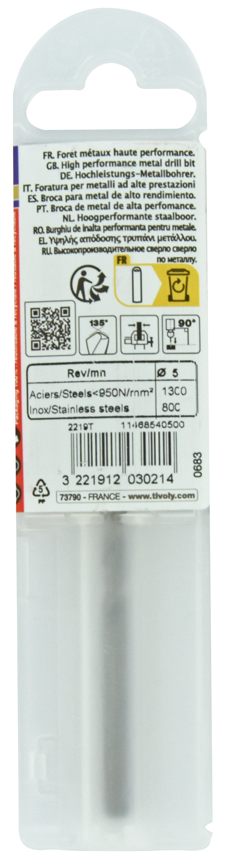 Foret métaux HSS-E5 -Revêtu GOLD -DIN338 -h8 -Pointe en croix -Gradué SLR Ø: 5 L: 86 TIVOLY - 11468540500