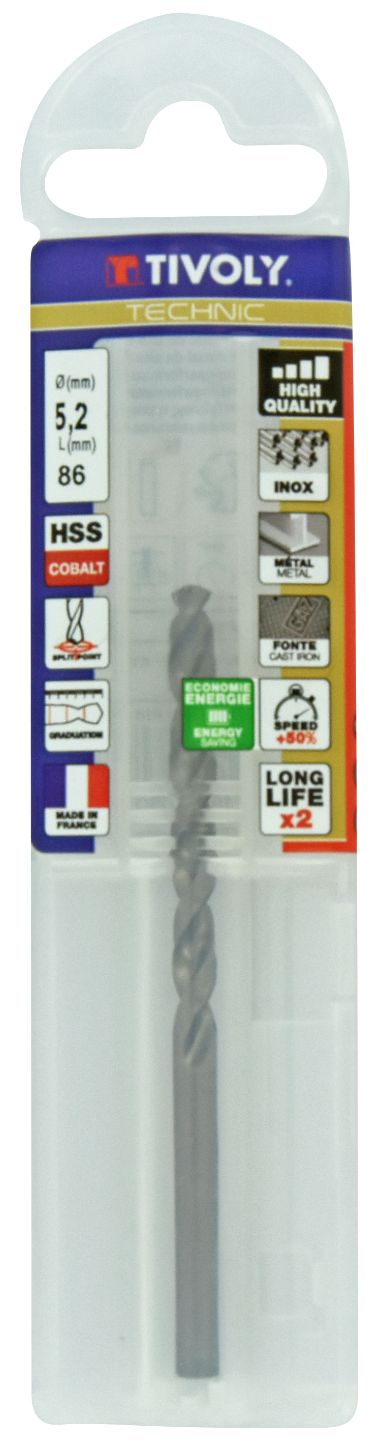 Foret métaux HSS-E5 -Revêtu GOLD -DIN338 -h8 -Pointe en croix -Gradué SLR Ø: 5.2 L: 86 TIVOLY - 11468540520