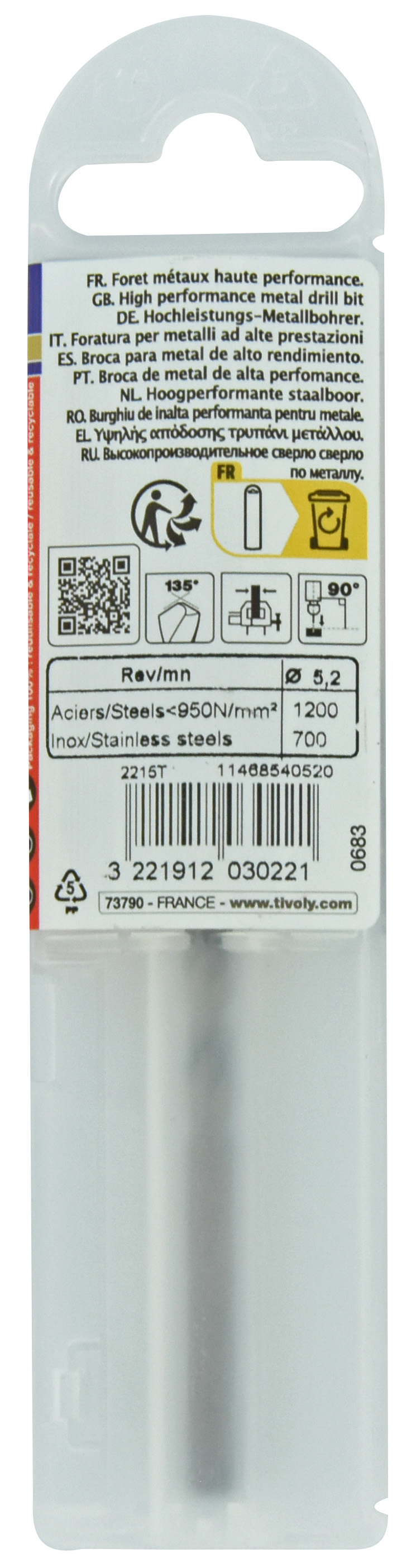 Foret métaux HSS-E5 -Revêtu GOLD -DIN338 -h8 -Pointe en croix -Gradué SLR Ø: 5.2 L: 86 TIVOLY - 11468540520