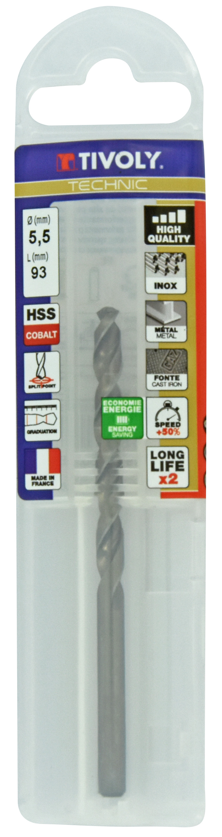 Foret métaux HSS-E5 -Revêtu GOLD -DIN338 -h8 -Pointe en croix -Gradué SLR Ø: 5.5 L: 93 TIVOLY - 11468540550