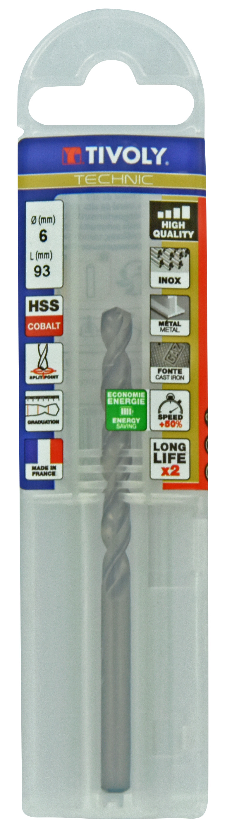 Foret métaux HSS-E5 -Revêtu GOLD -DIN338 -h8 -Pointe en croix -Gradué SLR Ø: 6 L: 93 TIVOLY - 11468540600