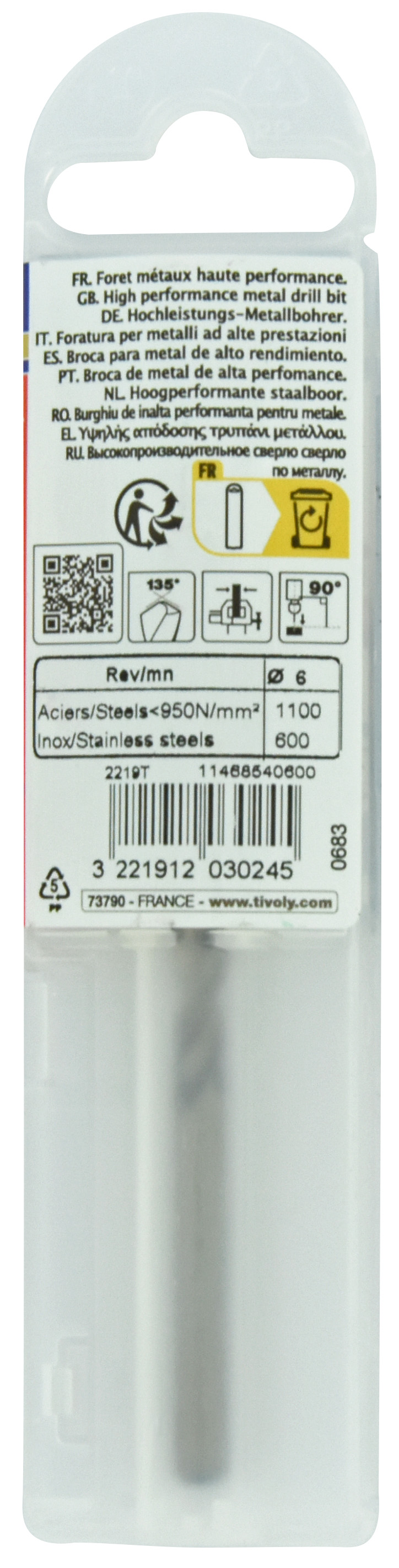 Foret métaux HSS-E5 -Revêtu GOLD -DIN338 -h8 -Pointe en croix -Gradué SLR Ø: 6 L: 93 TIVOLY - 11468540600