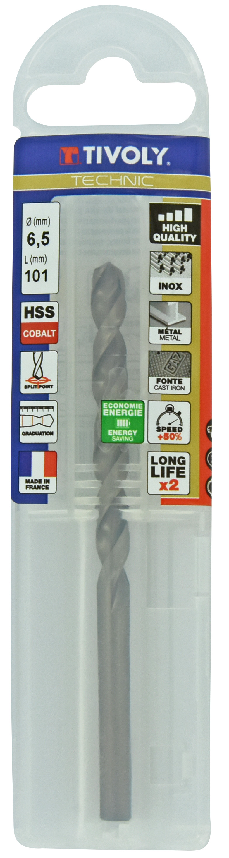 Foret métaux HSS-E5 -Revêtu GOLD -DIN338 -h8 -Pointe en croix -Gradué SLR Ø: 6.5 L: 101 TIVOLY - 11468540650