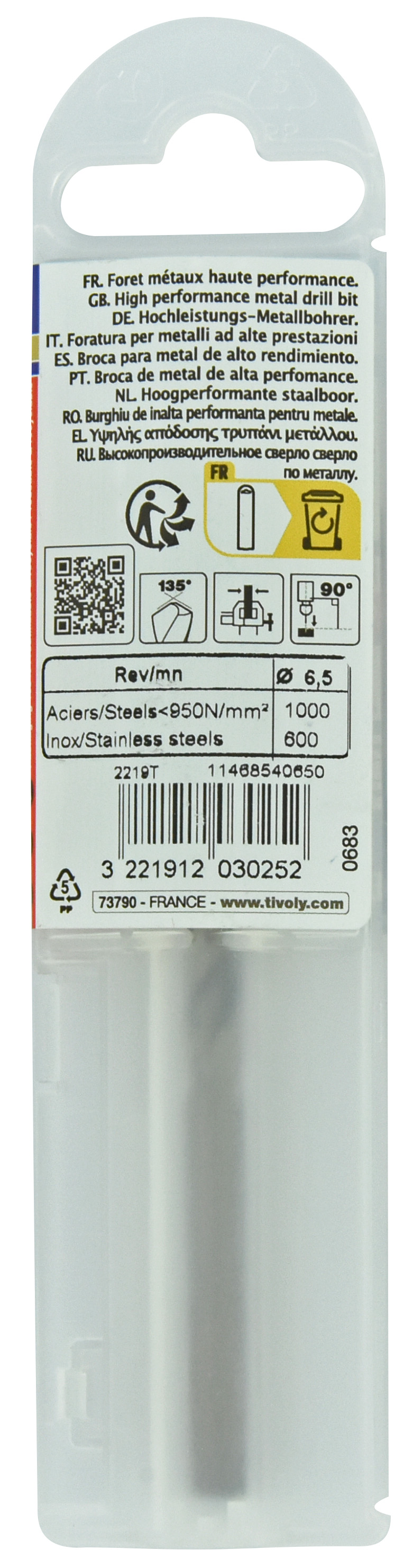 Foret métaux HSS-E5 -Revêtu GOLD -DIN338 -h8 -Pointe en croix -Gradué SLR Ø: 6.5 L: 101 TIVOLY - 11468540650