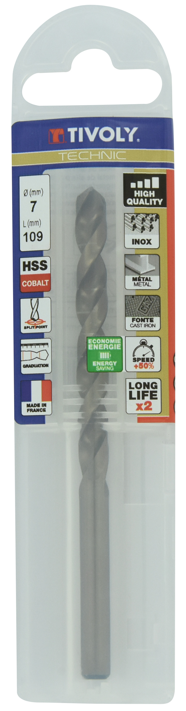 Foret métaux HSS-E5 -Revêtu GOLD -DIN338 -h8 -Pointe en croix -Gradué SLR Ø: 7 L: 109 TIVOLY - 11468540700