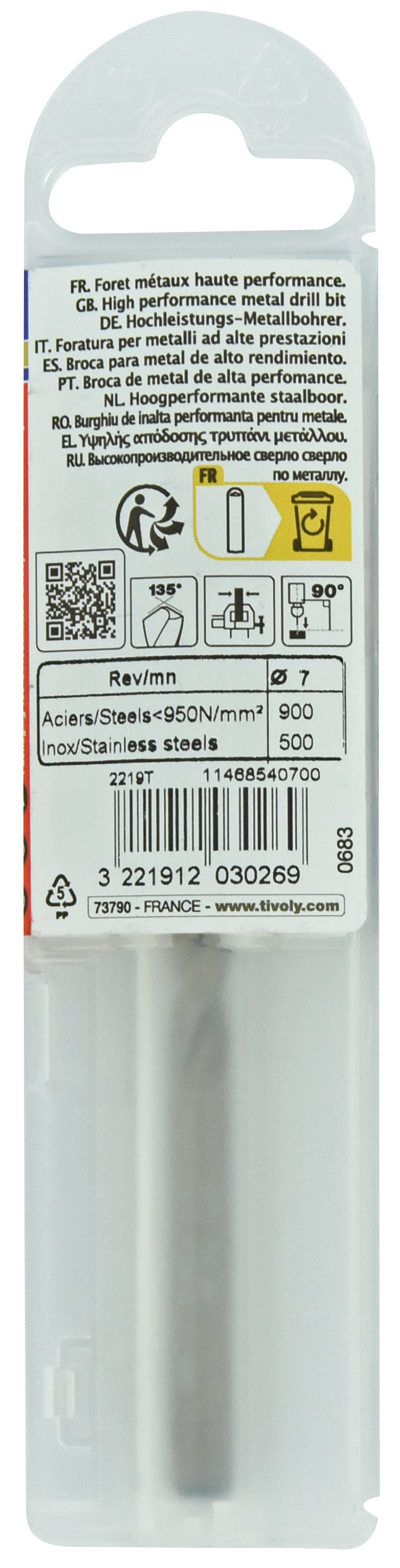 Foret métaux HSS-E5 -Revêtu GOLD -DIN338 -h8 -Pointe en croix -Gradué SLR Ø: 7 L: 109 TIVOLY - 11468540700