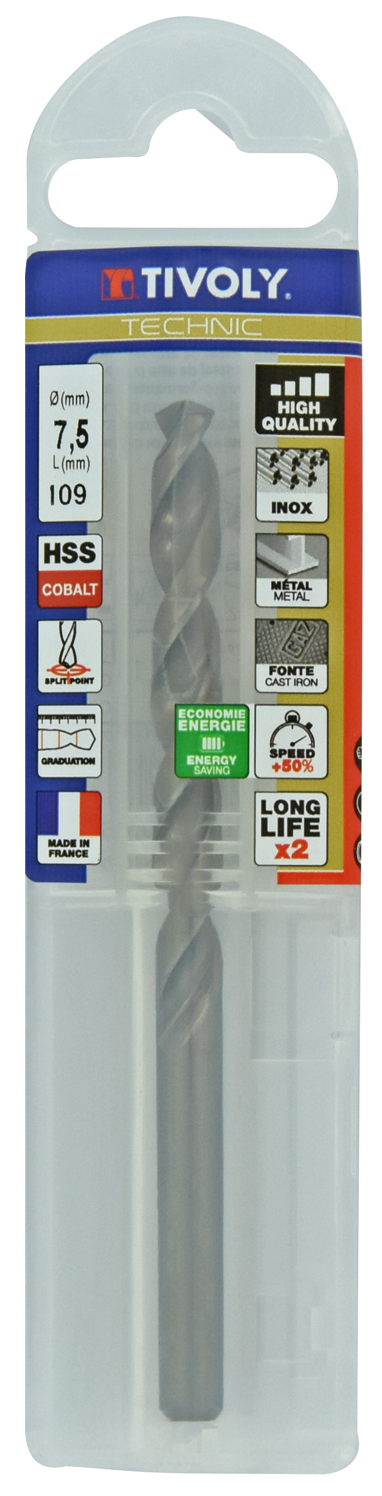 Foret métaux HSS-E5 -Revêtu GOLD -DIN338 -h8 -Pointe en croix -Gradué SLR Ø: 7.5 L: 109 TIVOLY - 11468540750