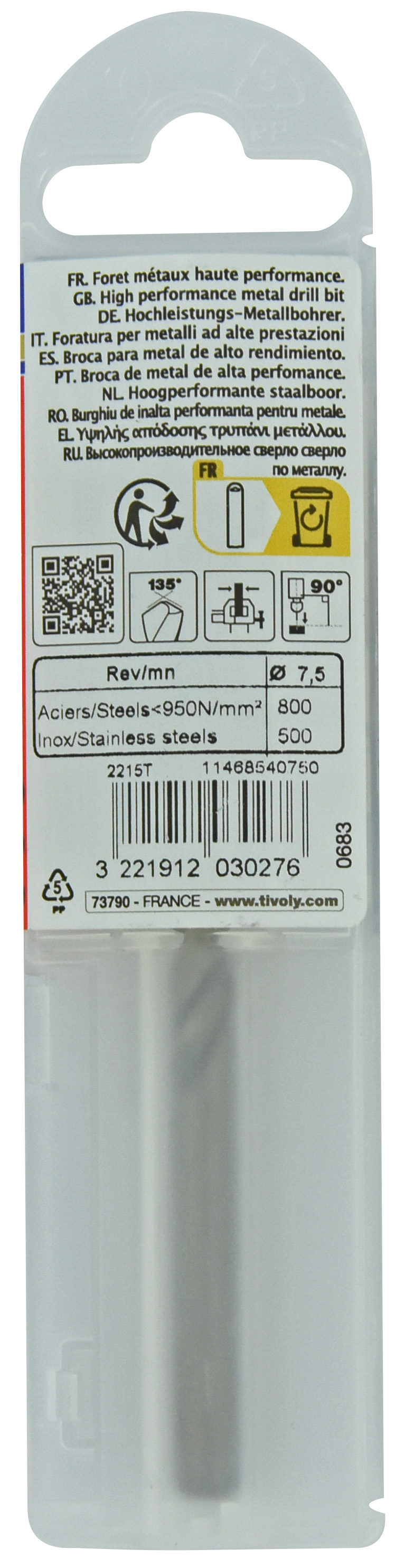 Foret métaux HSS-E5 -Revêtu GOLD -DIN338 -h8 -Pointe en croix -Gradué SLR Ø: 7.5 L: 109 TIVOLY - 11468540750