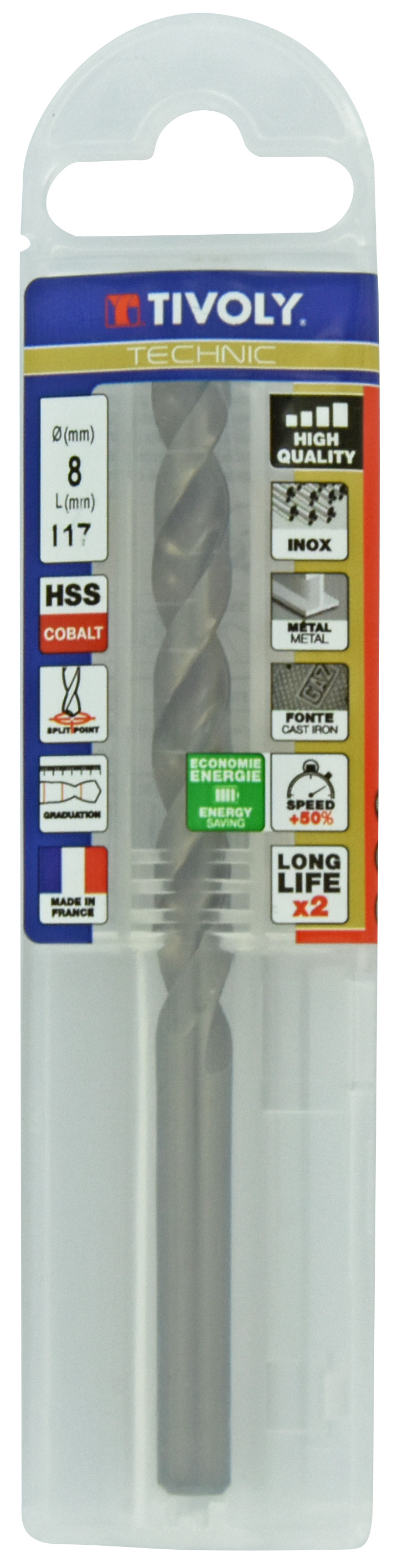 Foret métaux HSS-E5 -Revêtu GOLD -DIN338 -h8 -Pointe en croix -Gradué SLR Ø: 8 L: 117 TIVOLY - 11468540800