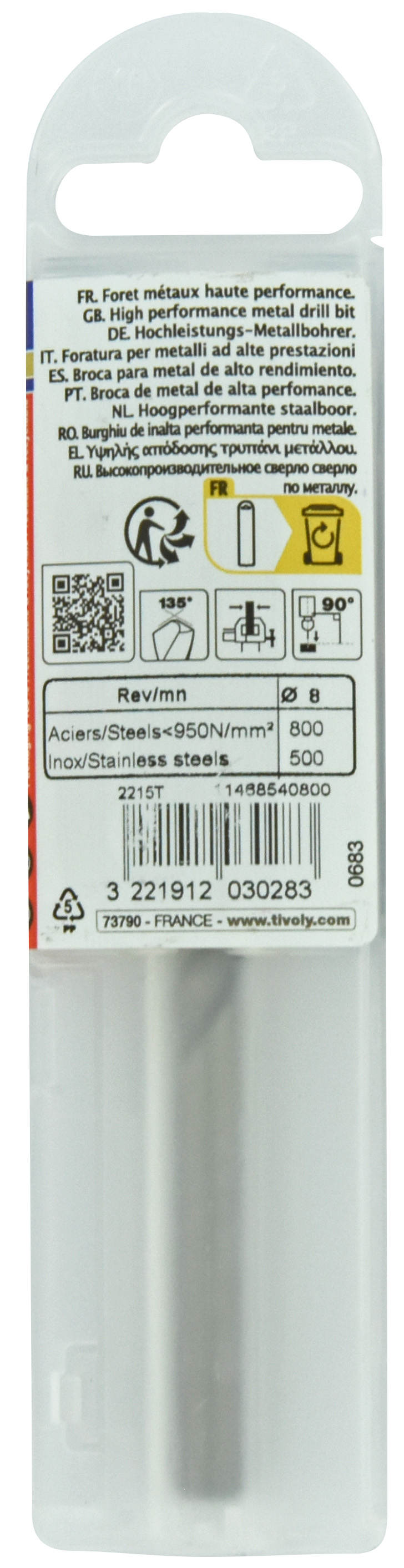 Foret métaux HSS-E5 -Revêtu GOLD -DIN338 -h8 -Pointe en croix -Gradué SLR Ø: 8 L: 117 TIVOLY - 11468540800