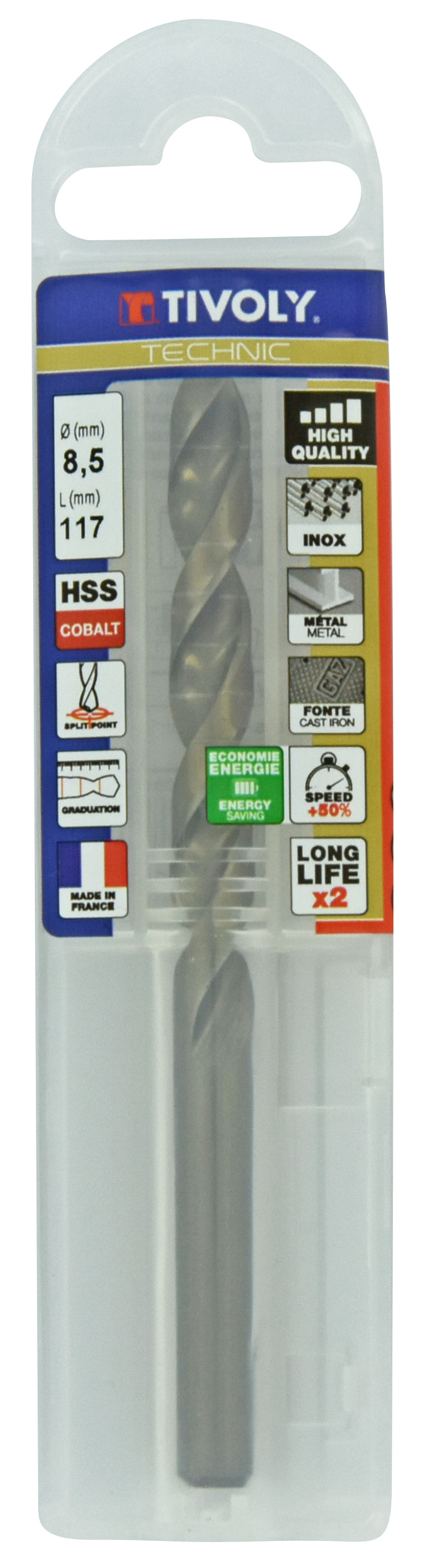 Foret métaux HSS-E5 -Revêtu GOLD -DIN338 -h8 -Pointe en croix -Gradué SLR Ø: 8.5 L: 117 TIVOLY - 11468540850