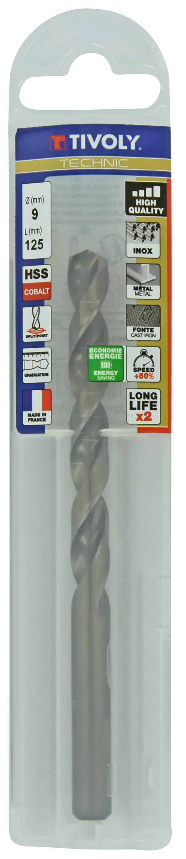 Foret métaux HSS-E5 -Revêtu GOLD -DIN338 -h8 -Pointe en croix -Gradué SLR Ø: 9 L: 125 TIVOLY - 11468540900