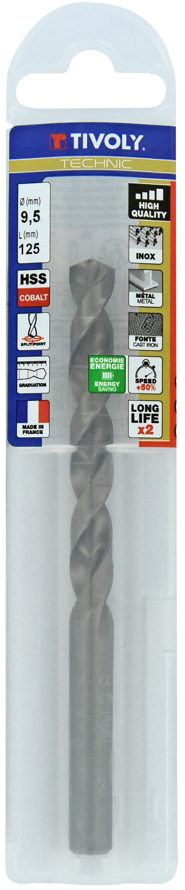 Foret métaux HSS-E5 -Revêtu GOLD -DIN338 -h8 -Pointe en croix -Gradué SLR Ø: 9.5 L: 125 TIVOLY - 11468540950