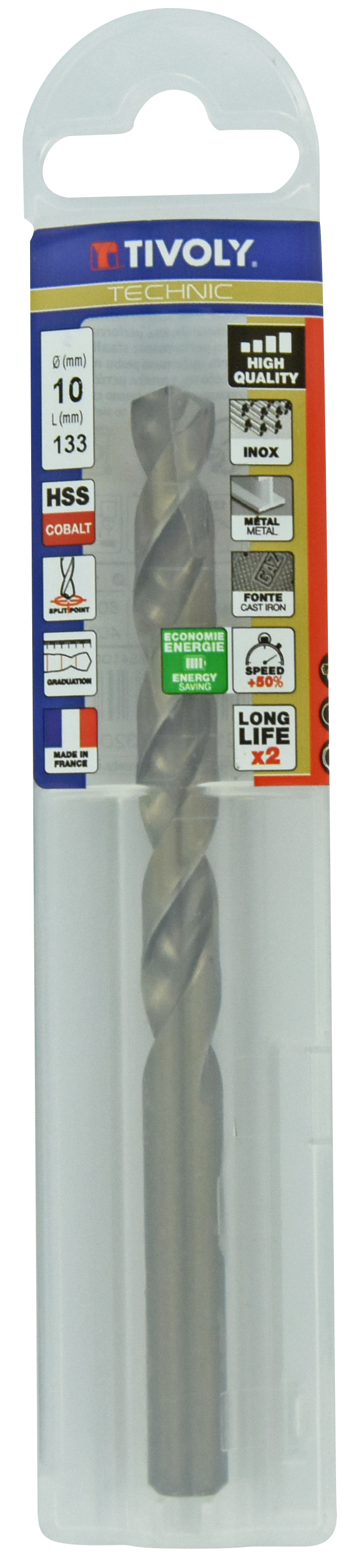 Foret métaux HSS-E5 -Revêtu GOLD -DIN338 -h8 -Pointe en croix -Gradué SLR Ø: 10 L: 133 TIVOLY - 11468541000