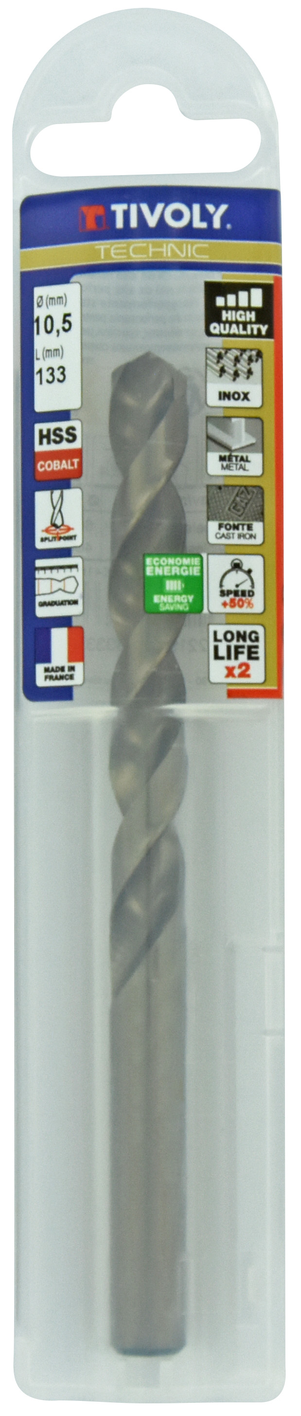 Foret métaux HSS-E5 -Revêtu GOLD -DIN338 -h8 -Pointe en croix -Gradué SLR Ø: 10.5 L: 133 TIVOLY - 11468541050