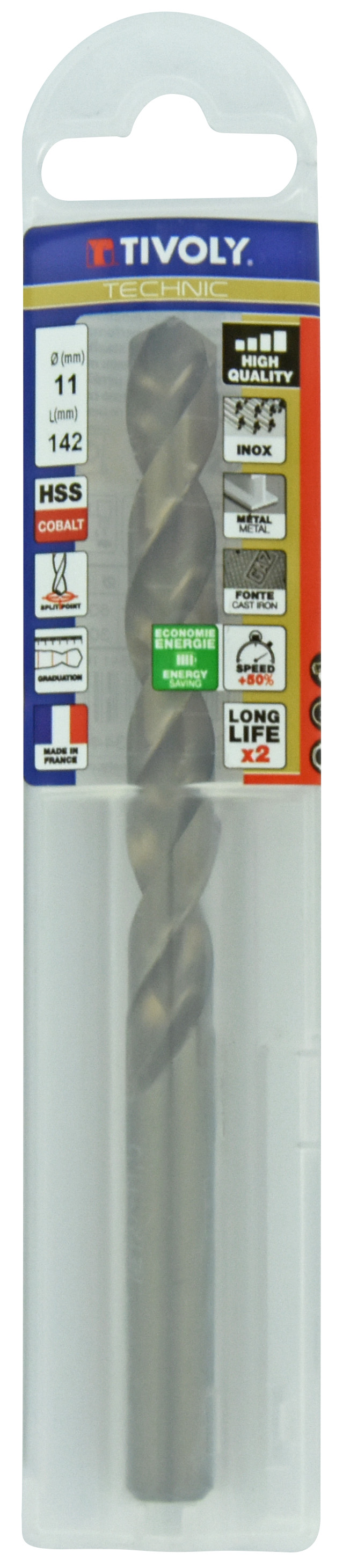 Foret métaux HSS-E5 -Revêtu GOLD -DIN338 -h8 -Pointe en croix -Gradué SLR Ø: 11 L: 142 TIVOLY - 11468541100