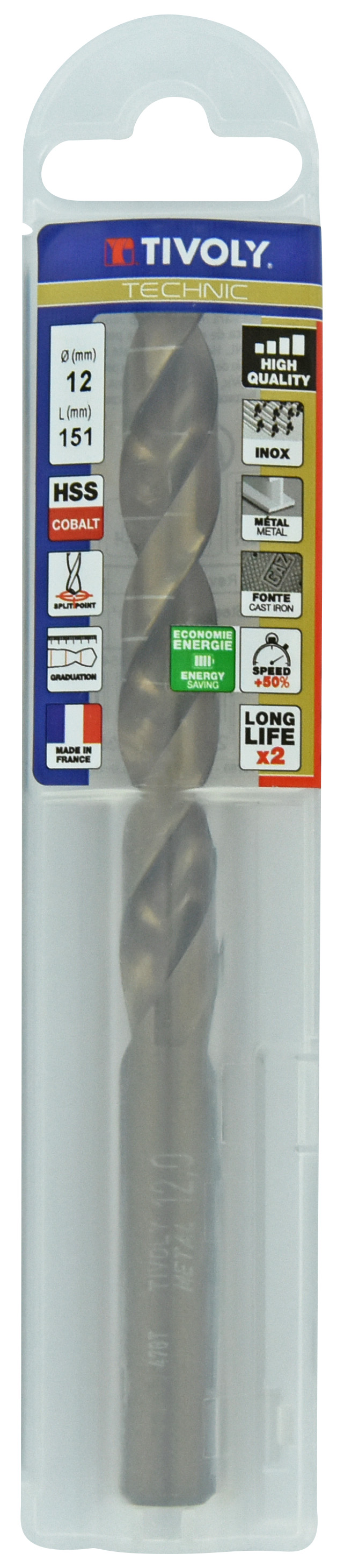 Foret métaux HSS-E5 -Revêtu GOLD -DIN338 -h8 -Pointe en croix -Gradué SLR Ø: 12 L: 151 TIVOLY - 11468541200