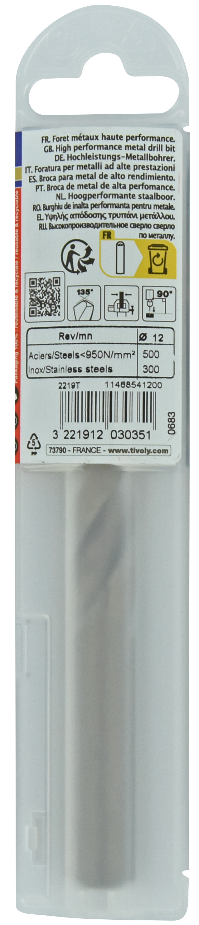 Foret métaux HSS-E5 -Revêtu GOLD -DIN338 -h8 -Pointe en croix -Gradué SLR Ø: 12 L: 151 TIVOLY - 11468541200