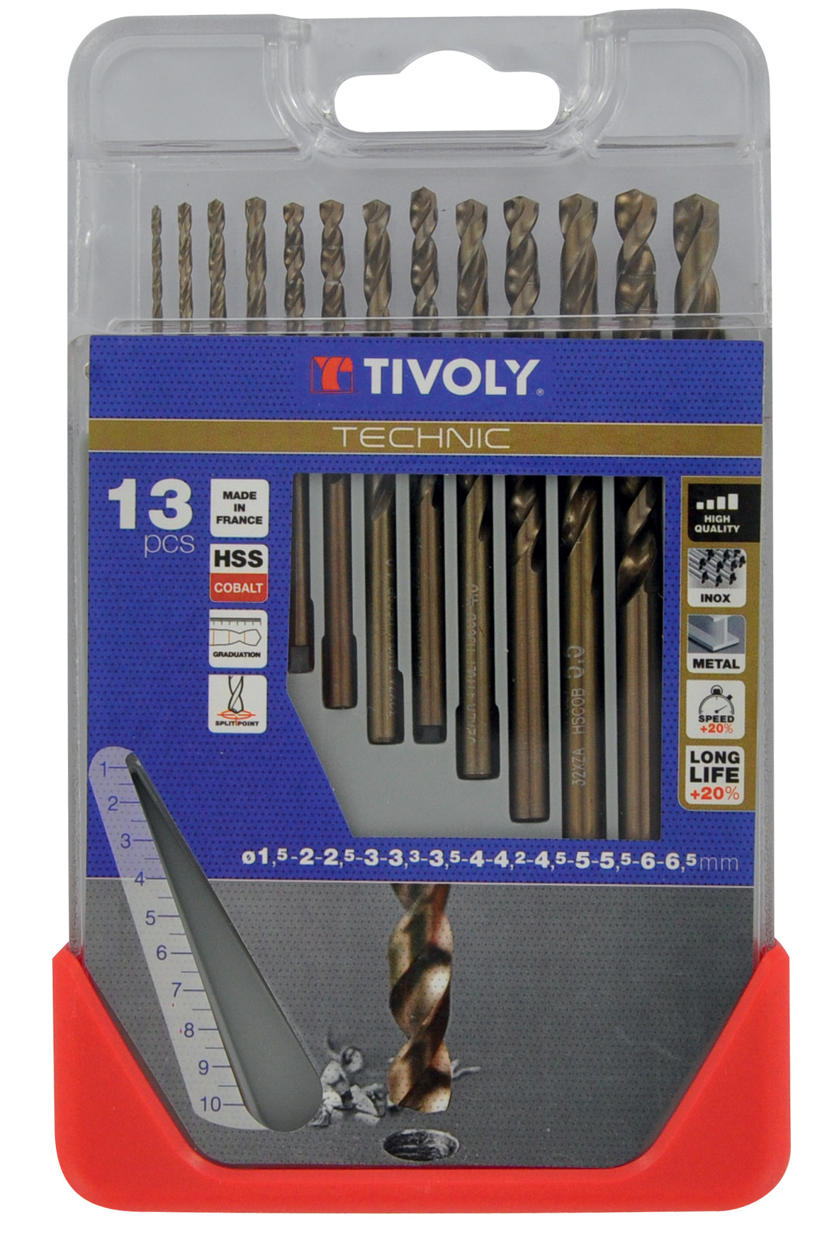 13 forets métaux HSS-E5 (Cobalt 5%) gradués SLR pointe en croix Ø 1,5 à 6,5mm TIVOLY - 11468570006