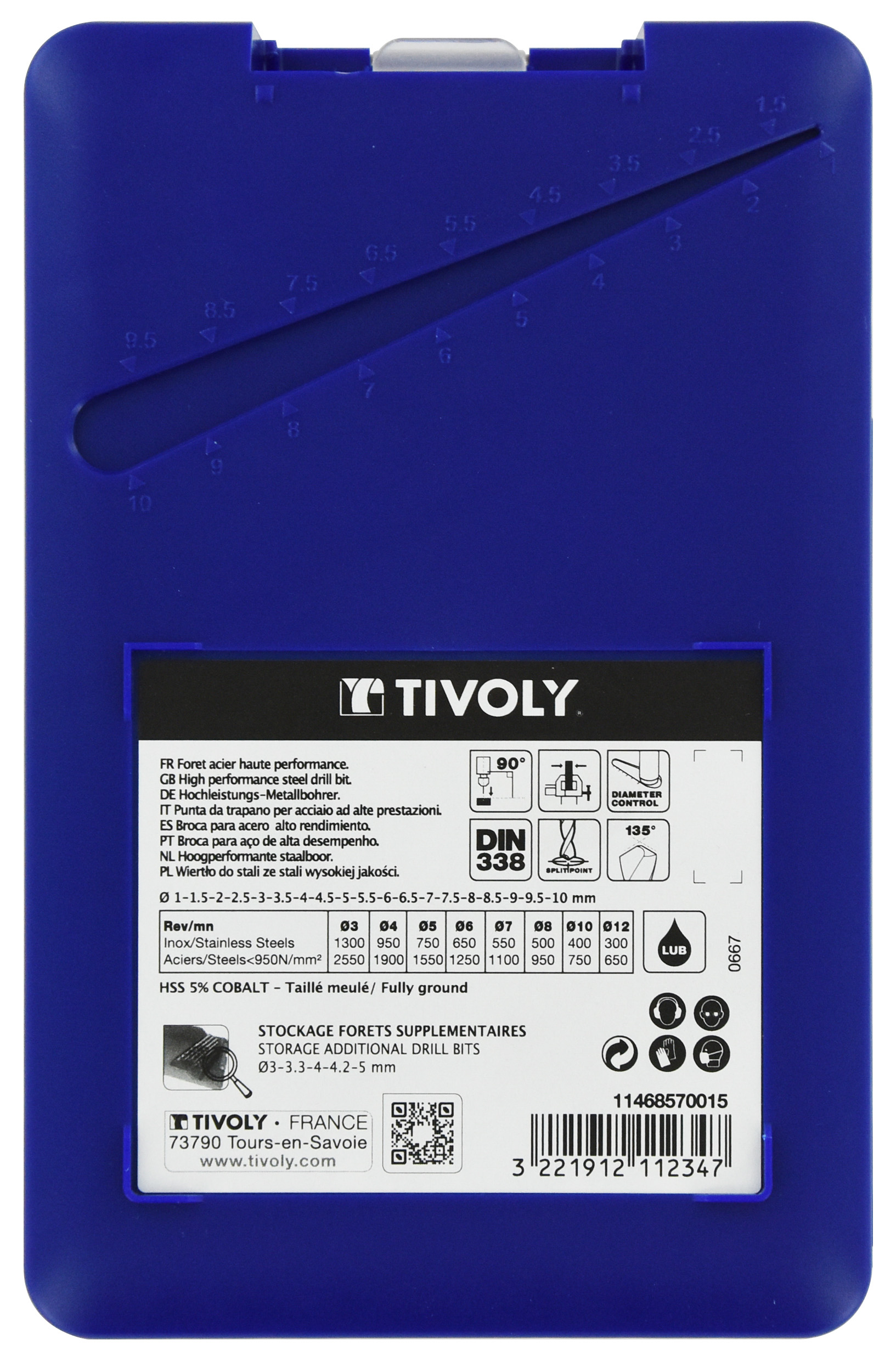 19 forets métaux HSS-E5 (Cobalt 5%) gradués SLR pointe en croix Ø 1 à 10mm TIVOLY - 11468570015