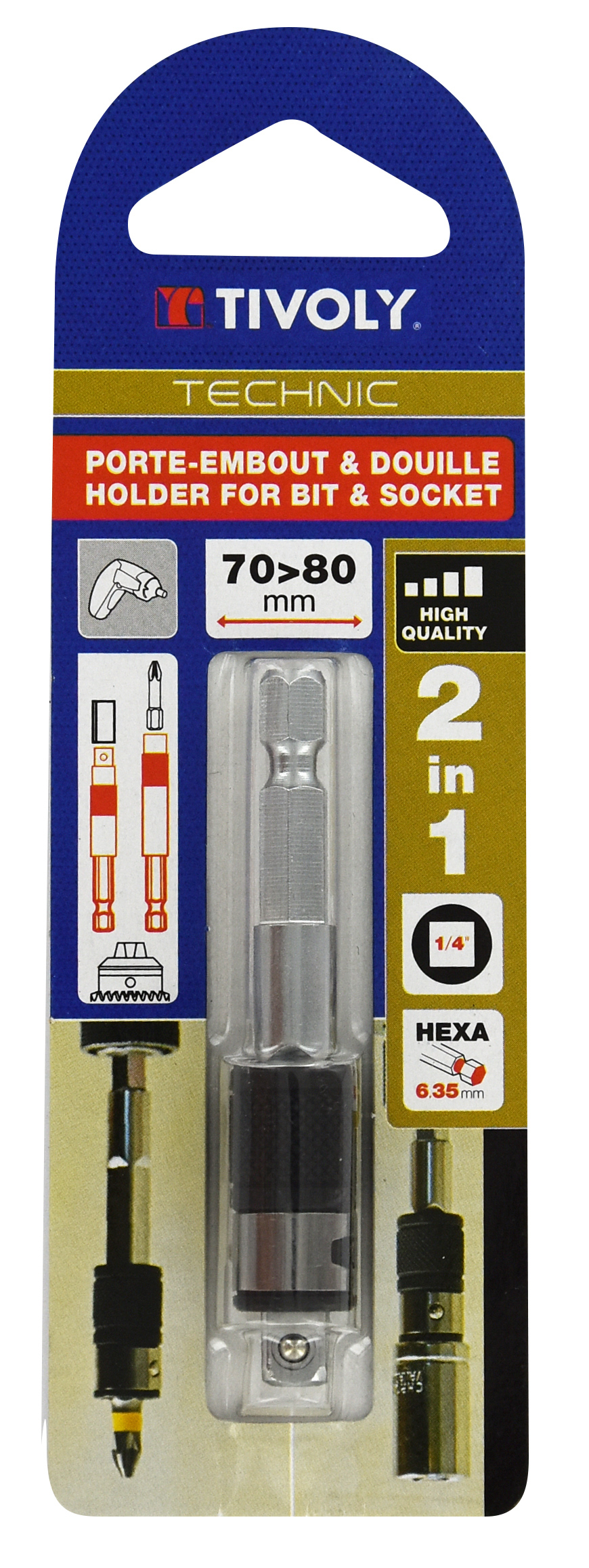 Porte-embout et douille 2 en 1 pour embouts de vissage hexa 6,35 et douilles carré F 1/4