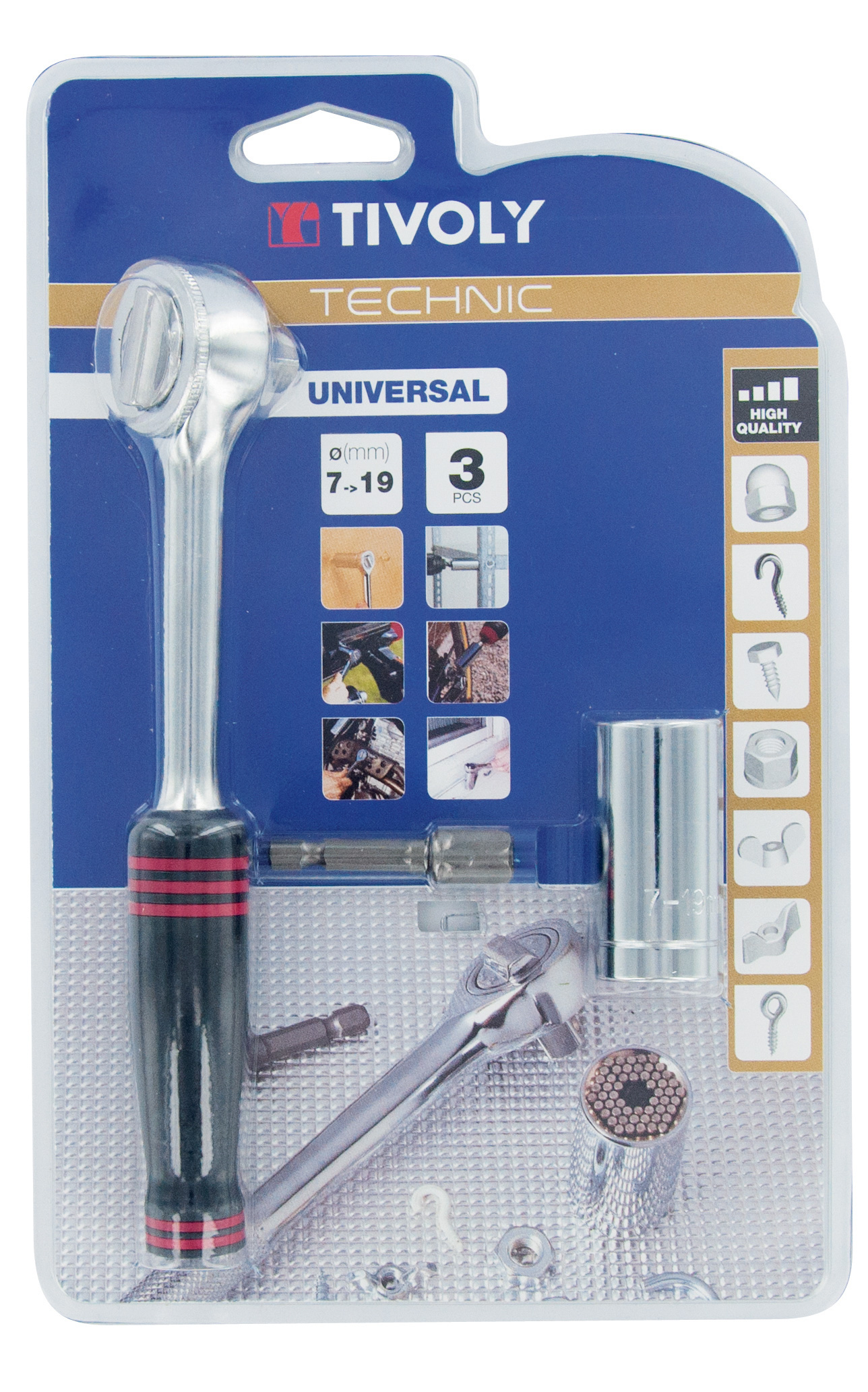 Douille universelle + 1 clé à cliquet + 1 porte douille TIVOLY - 11501420002