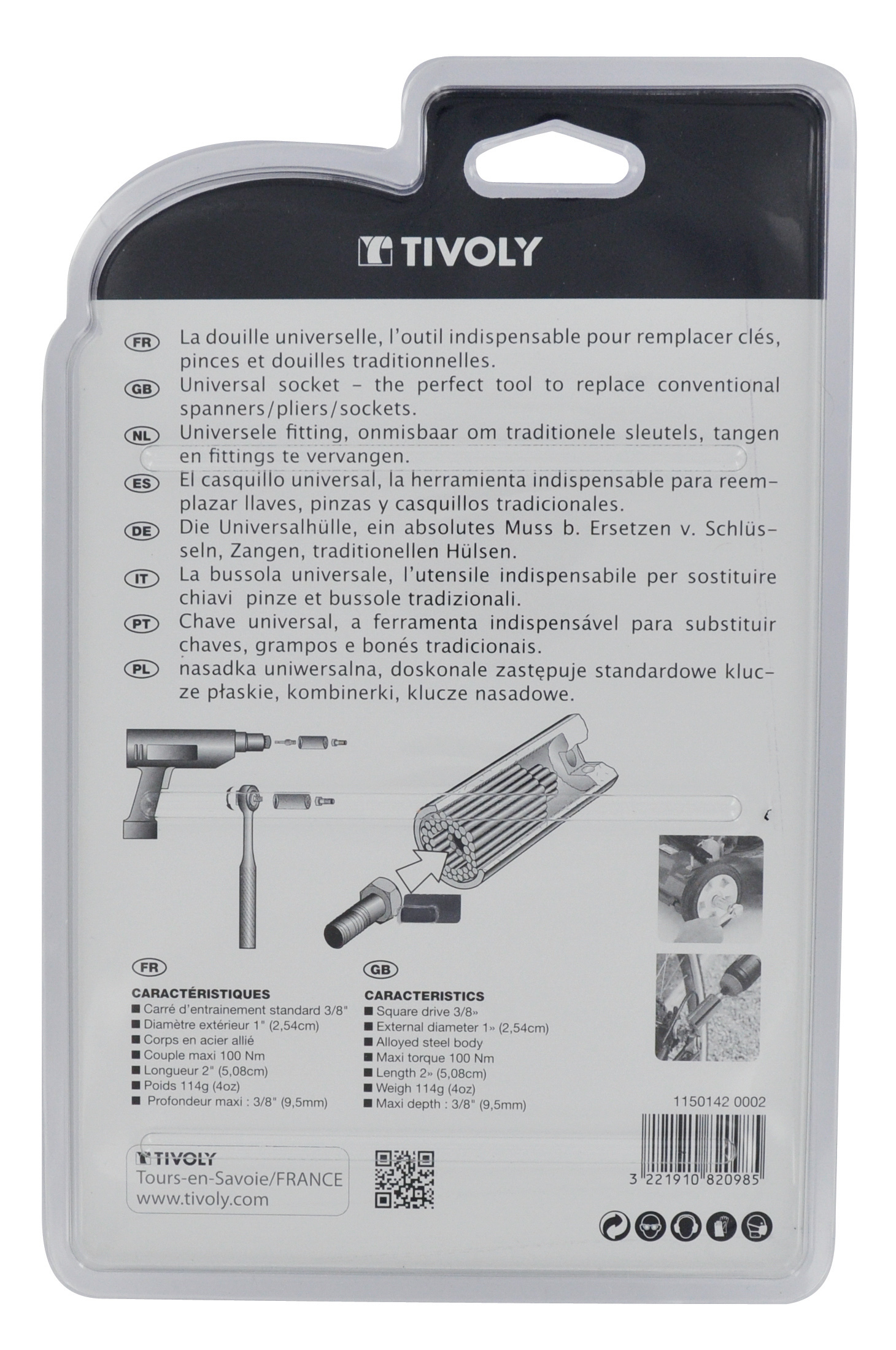 Douille universelle + 1 clé à cliquet + 1 porte douille TIVOLY - 11501420002