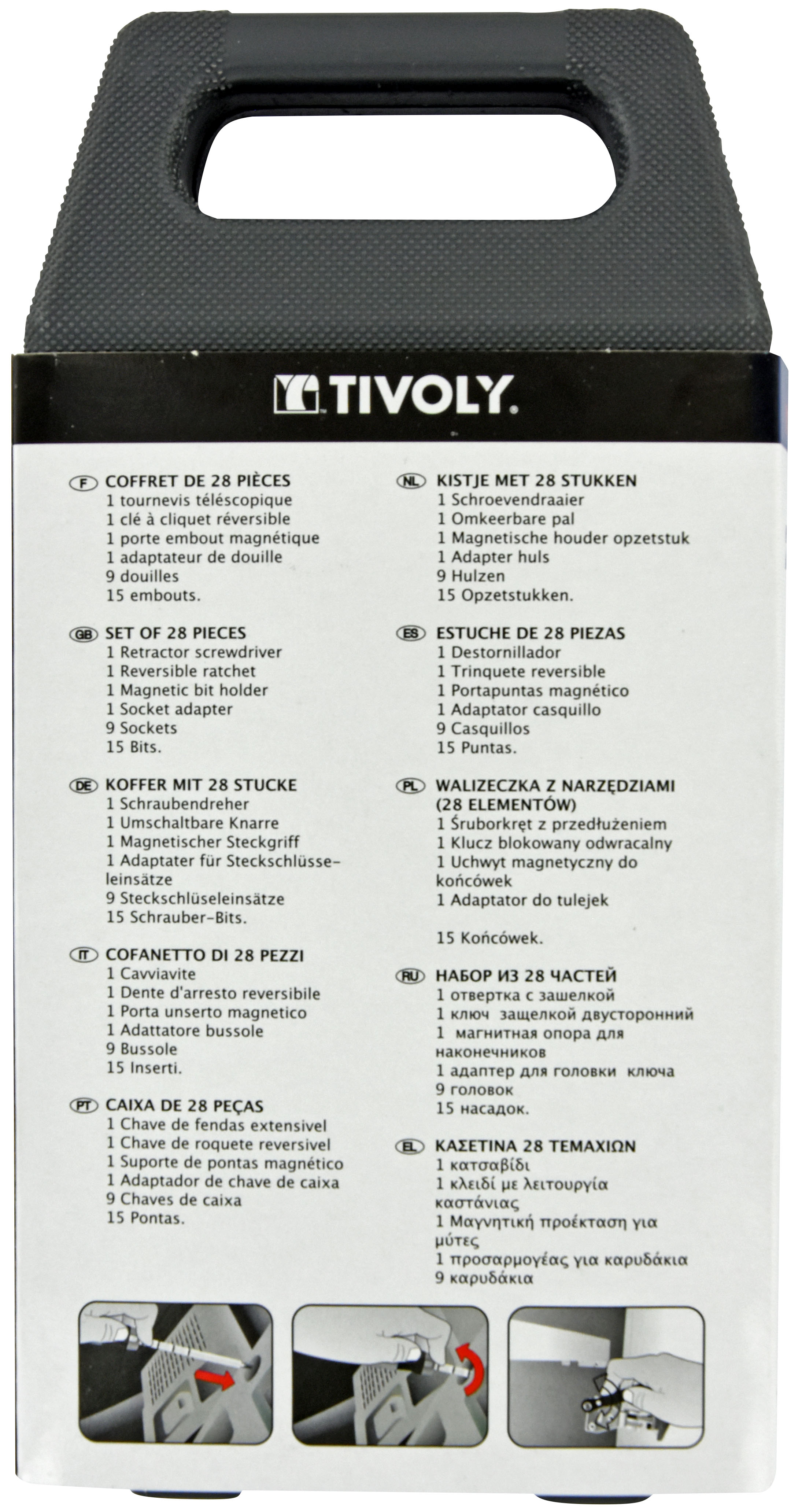 28 pièces -15 embouts + 9 douilles + 1 porte-embout magnétique + 1 tournevis + accessoires -STANDARD TIVOLY - 11501570027