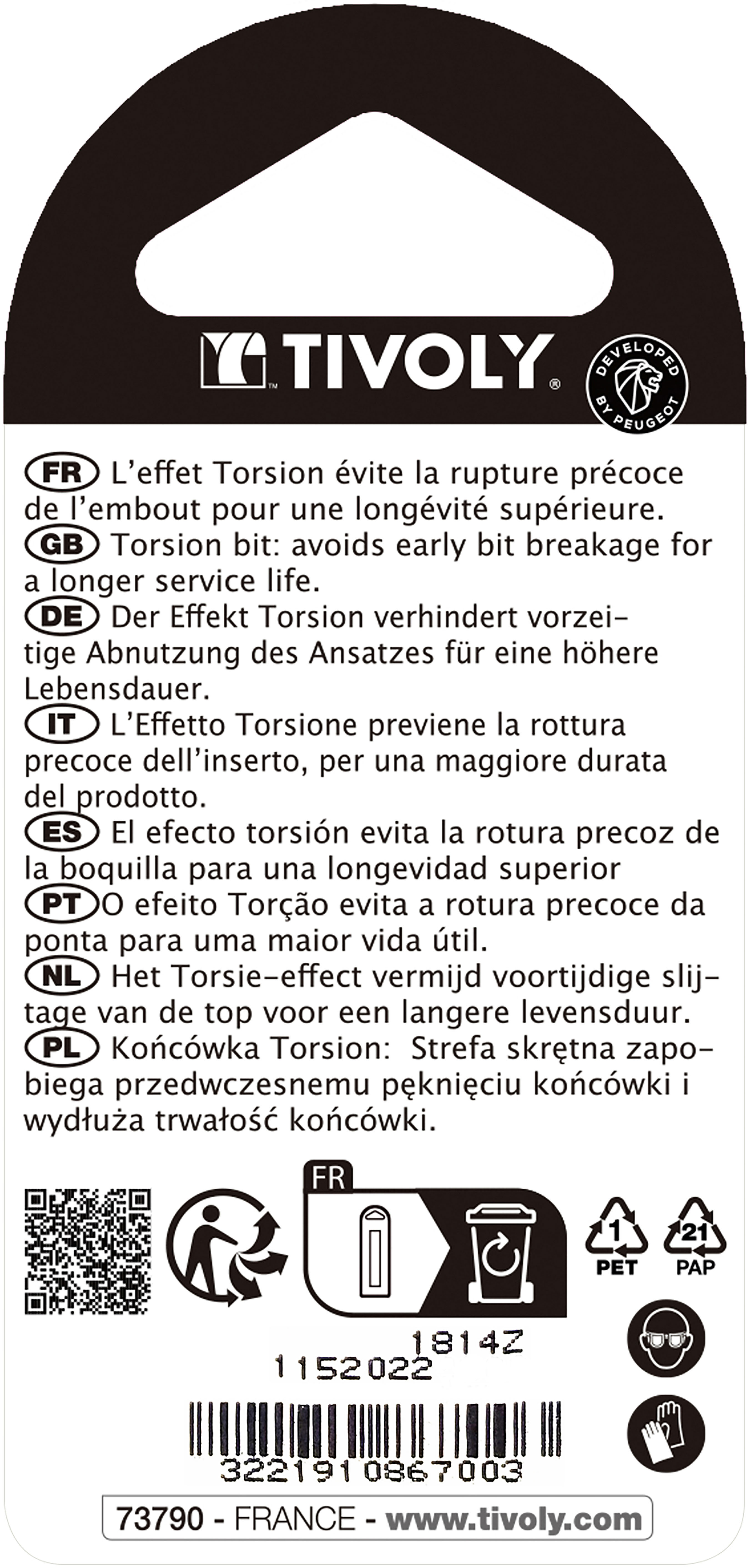 Embout de vissage -Torsion -Pour vis Pozidriv (Blister) N°: N1 / L: 25 TIVOLY - 11520220100