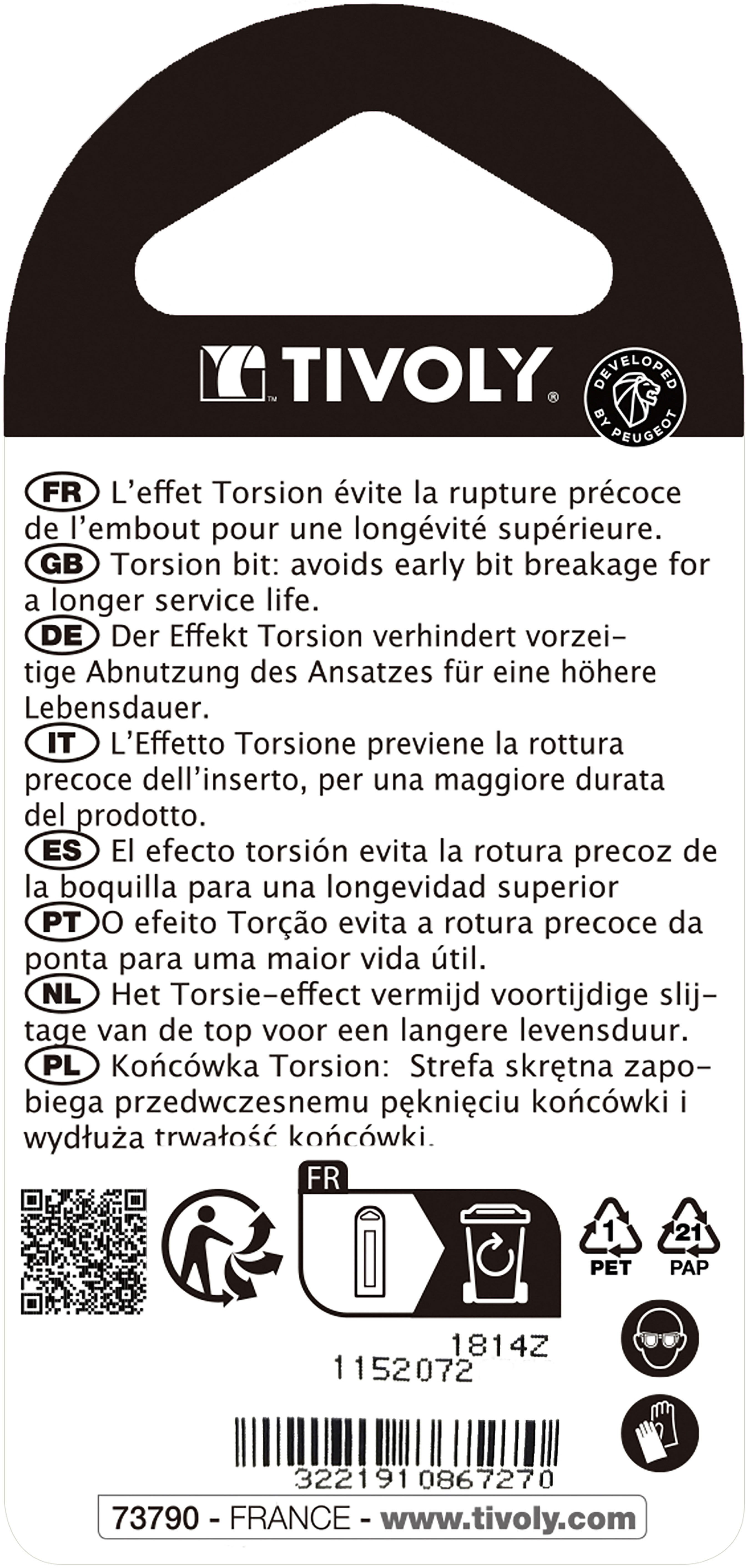 Embout de vissage -Torsion -Pour vis Pozidriv (Blister) N°: N2 / L: 50 TIVOLY - 11520720200