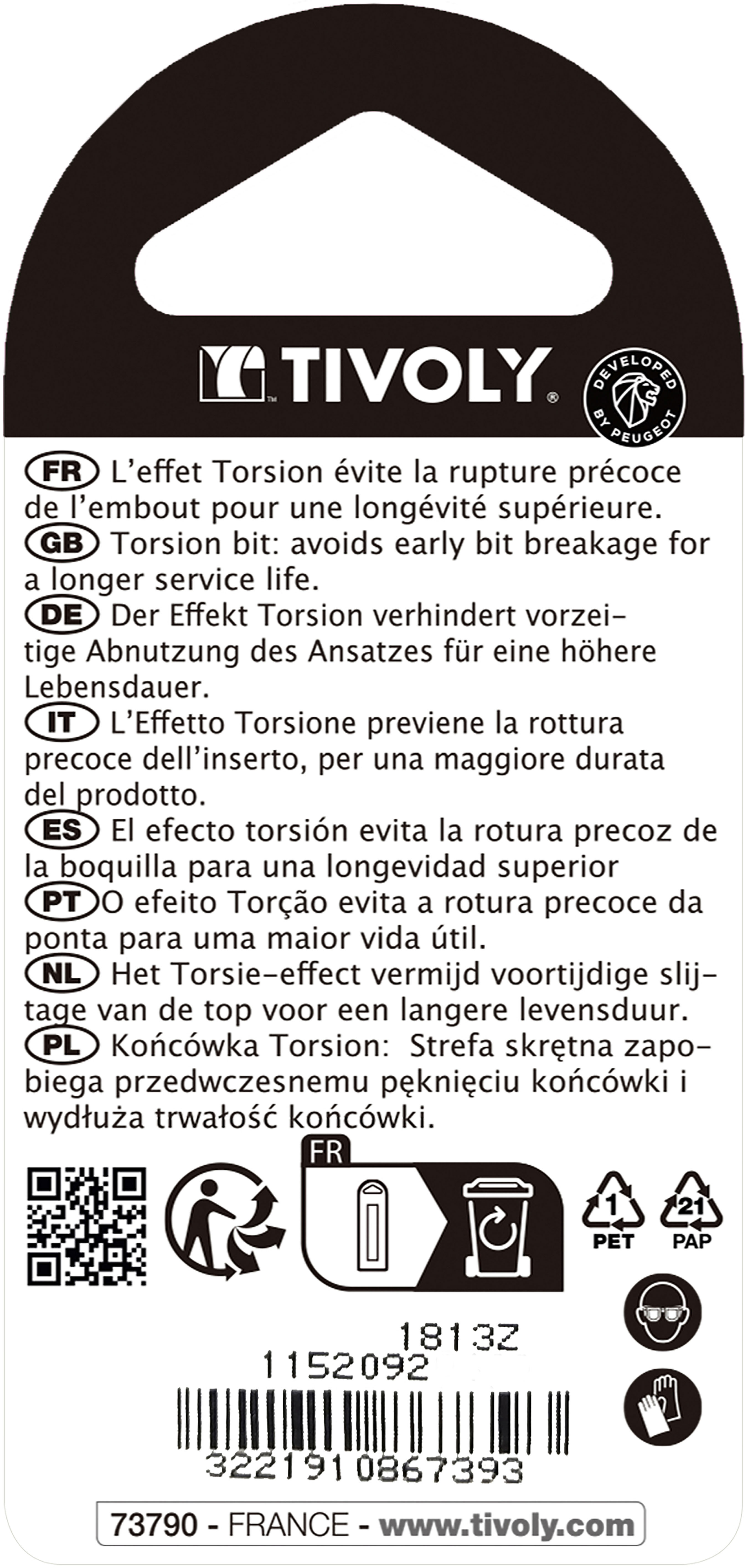 Embout de vissage -Torsion -Pour vis 6 pans (Blister) N°: 6 / L: 50 TIVOLY - 11520920600