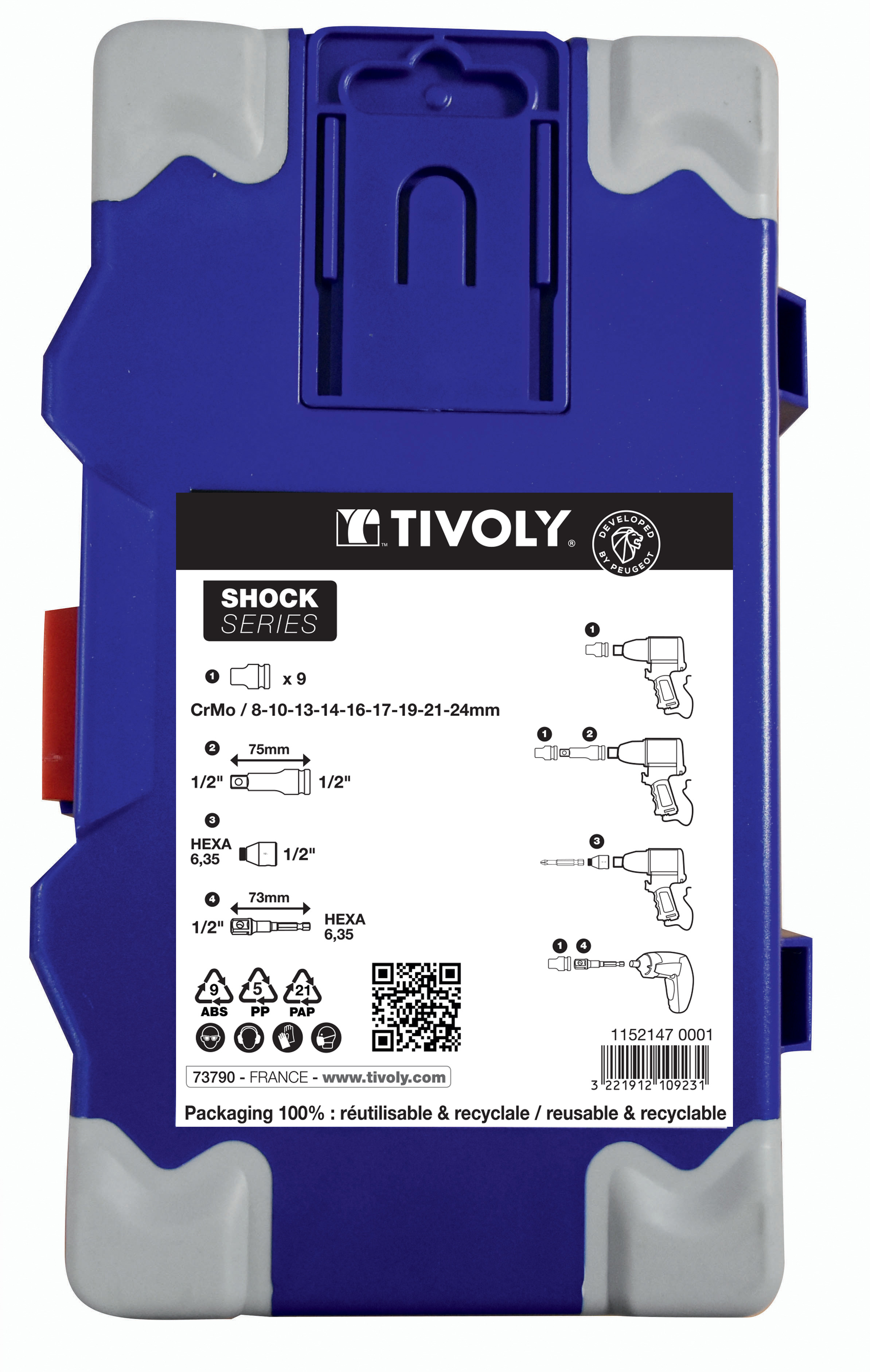 12 pièces- 9 Douilles à choc Ø 8 à 24mm + 2 adaptateurs + 1 rallonge -IMPACT TIVOLY - 11521470001
