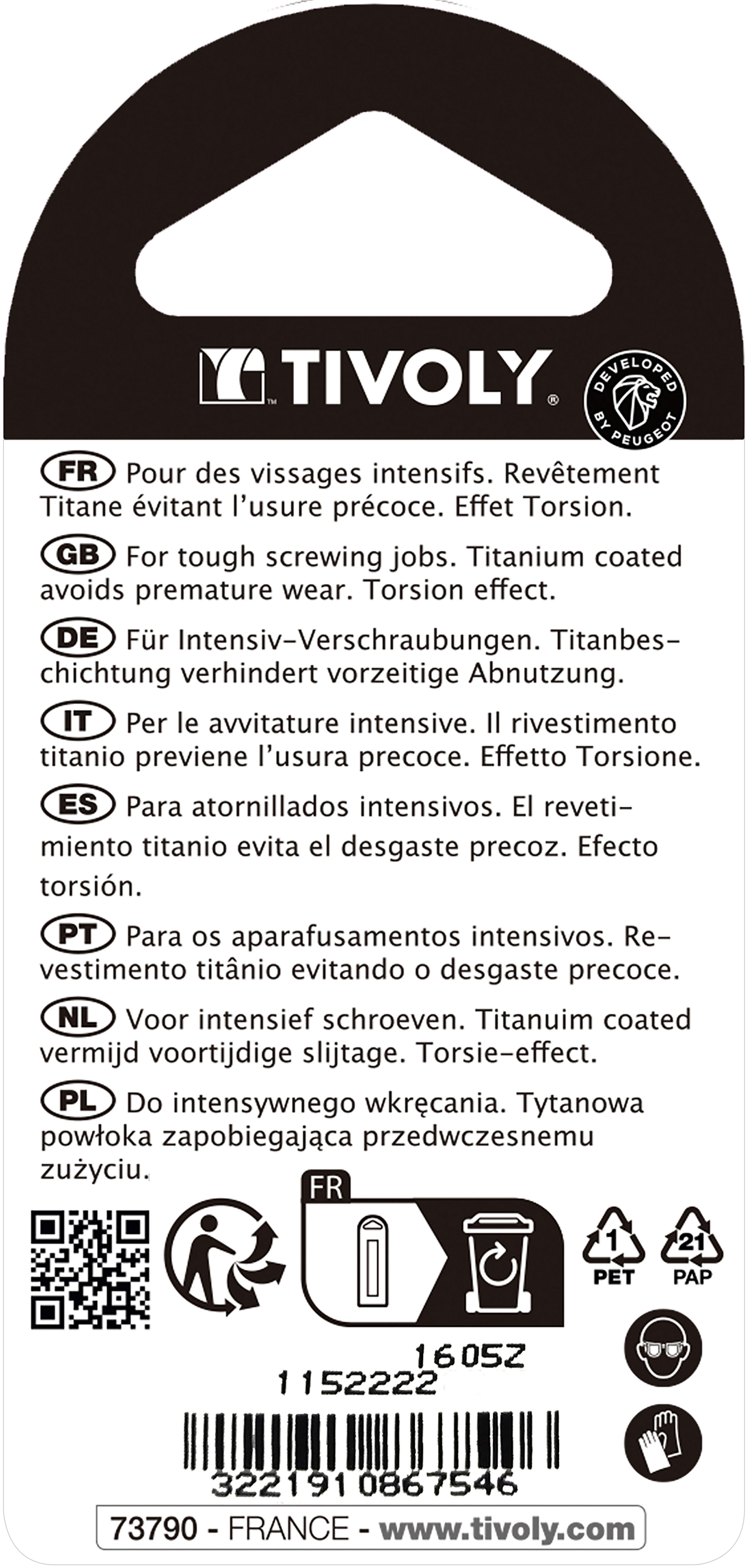 Embout de vissage -Torsion TiN -Pour vis Pozidriv (Blister) N°: N2 / L: 25 TIVOLY - 11522220200