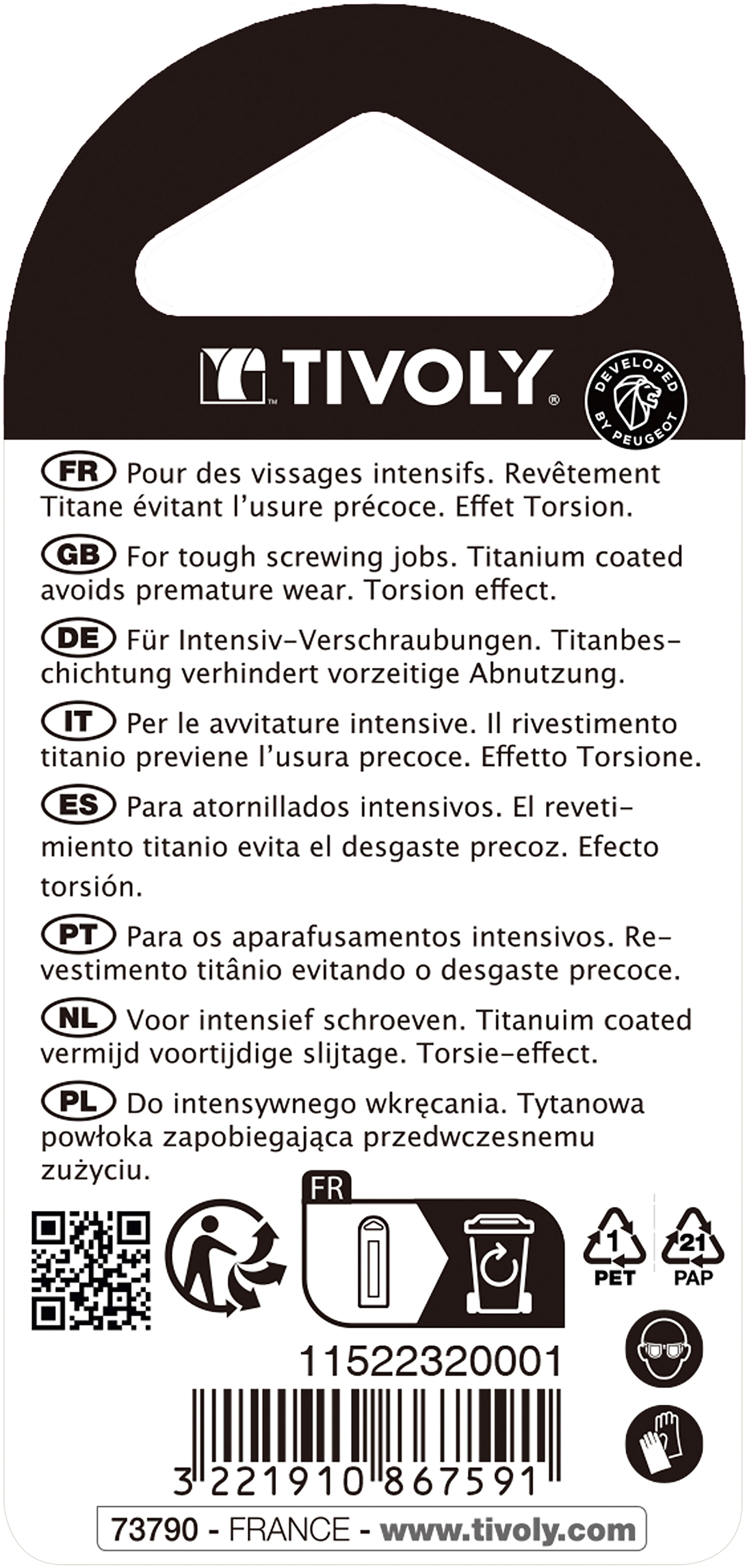 Embout de vissage -Torsion TiN -Pour vis Phillips (Blister) N°: N1-2-3 / L: 25 TIVOLY - 11522320001