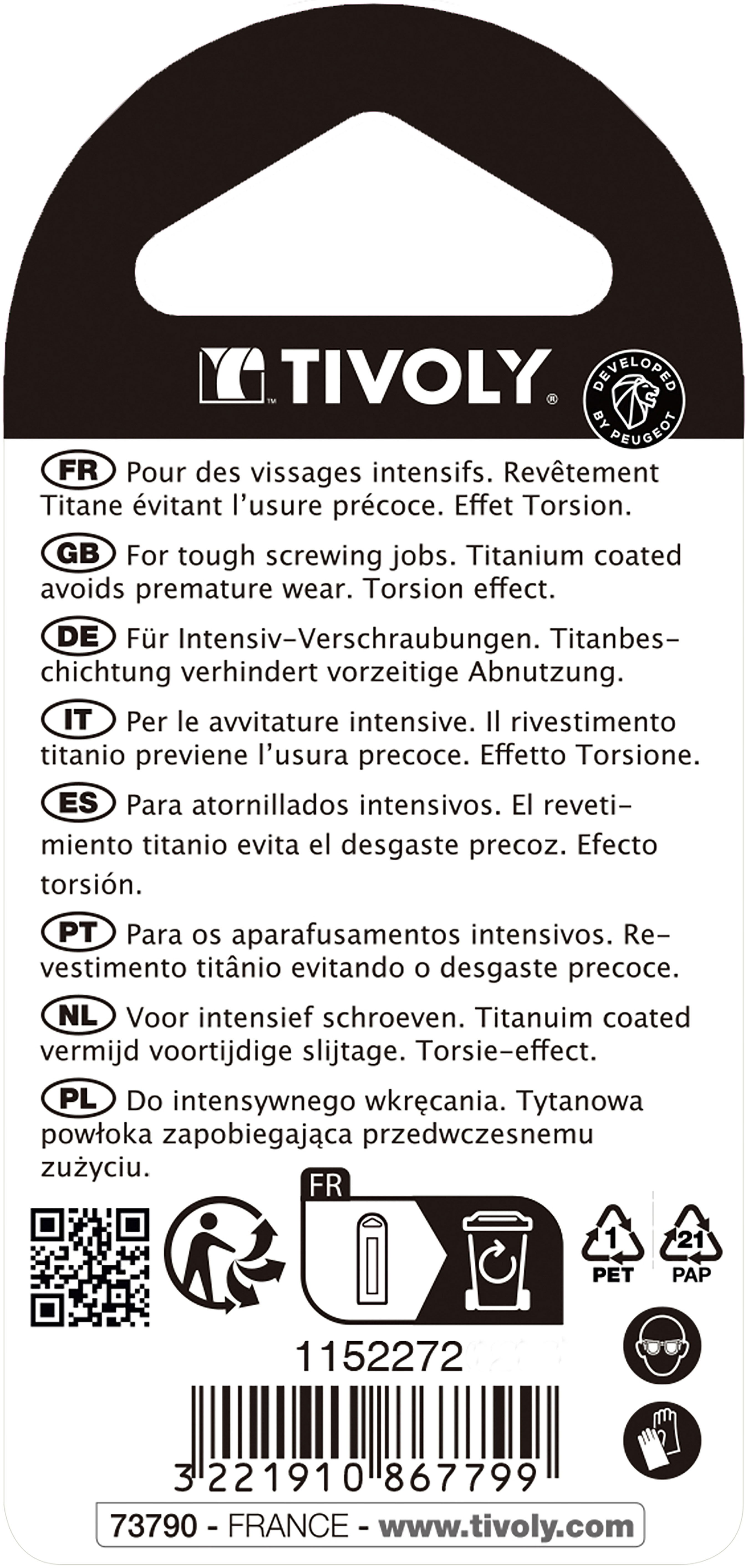Embout de vissage -Torsion TiN -Pour vis Pozidriv (Blister) N°: N2 / L: 50 TIVOLY - 11522720200
