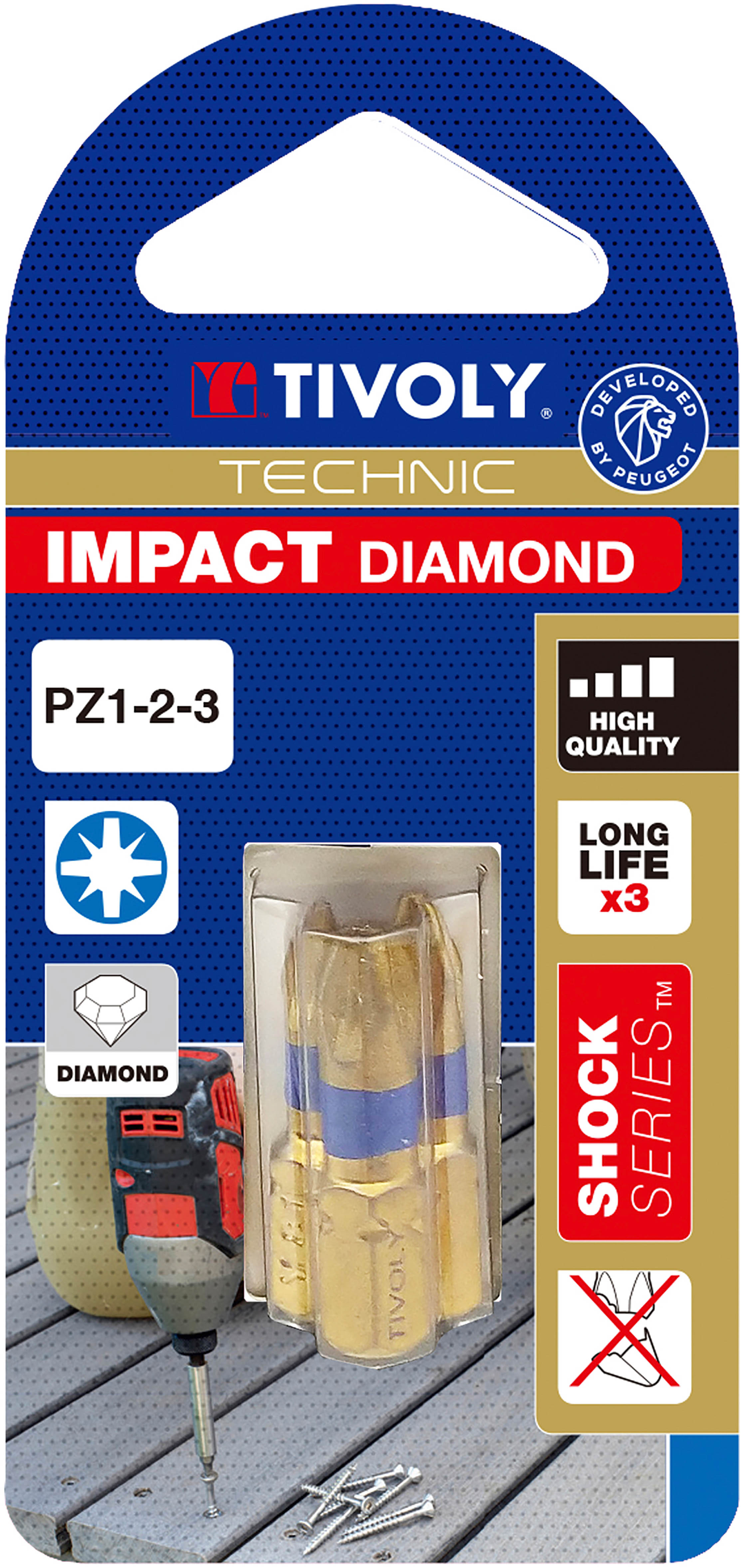 Embout de vissage -Torsion diamant IMPACT -Pour vis Pozidriv N°: N1-2-3 / L: 25 TIVOLY - 11523220001