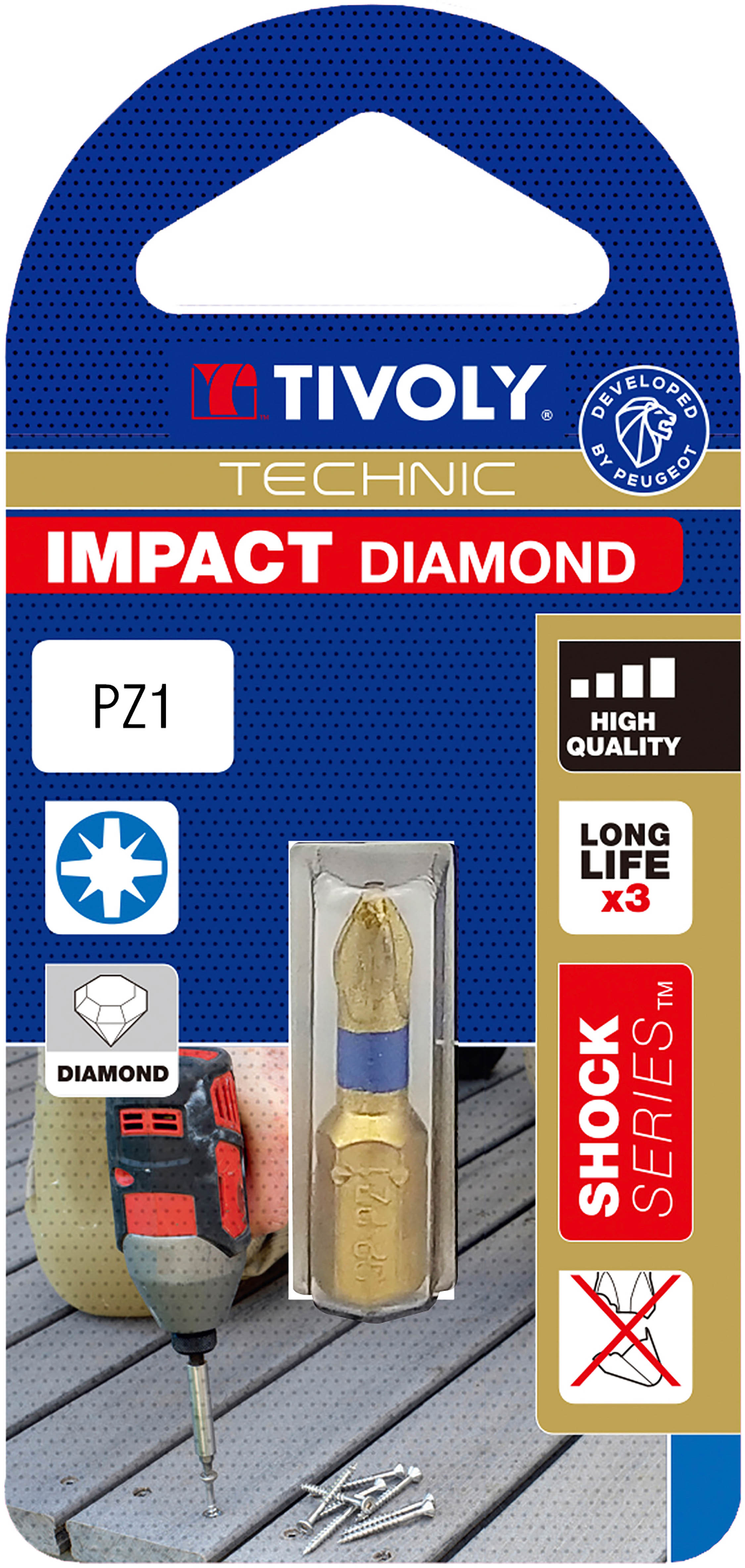 Embout de vissage -Torsion diamant IMPACT -Pour vis Pozidriv N°: N1 / L: 25 TIVOLY - 11523220100