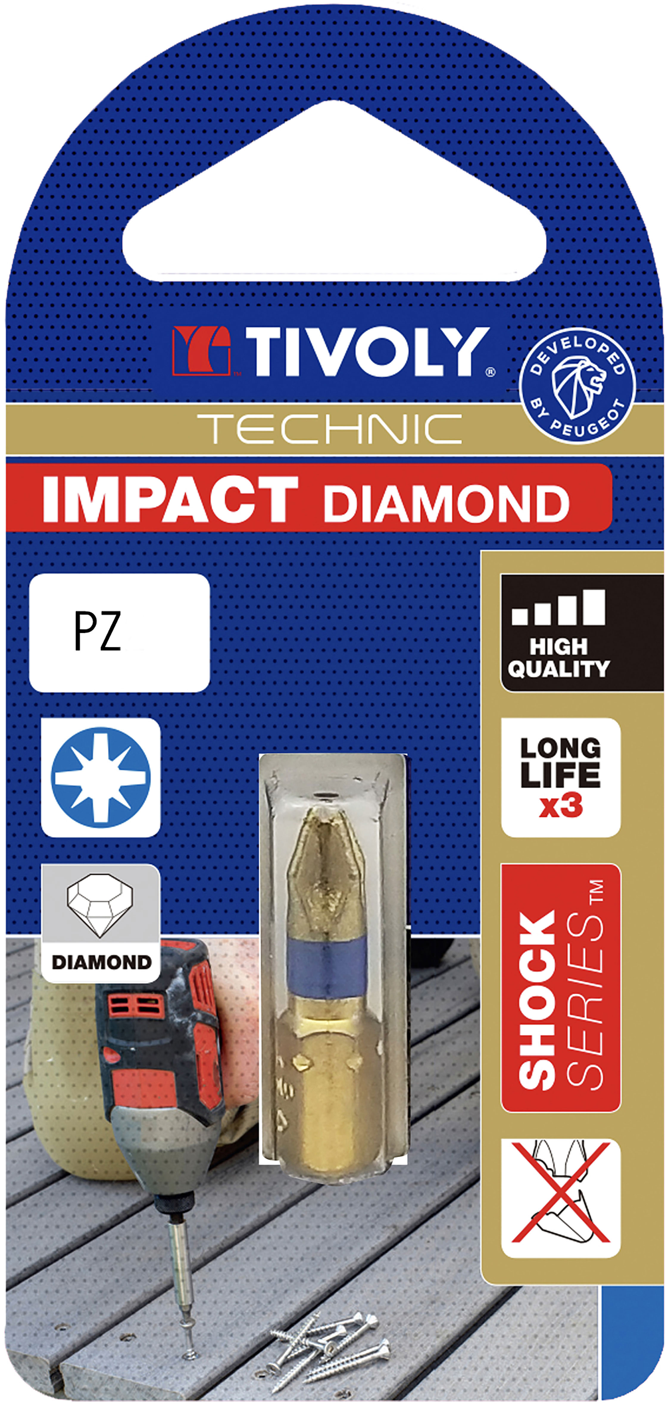 Embout de vissage -Torsion diamant IMPACT -Pour vis Pozidriv N°: N2 / L: 25 TIVOLY - 11523220200