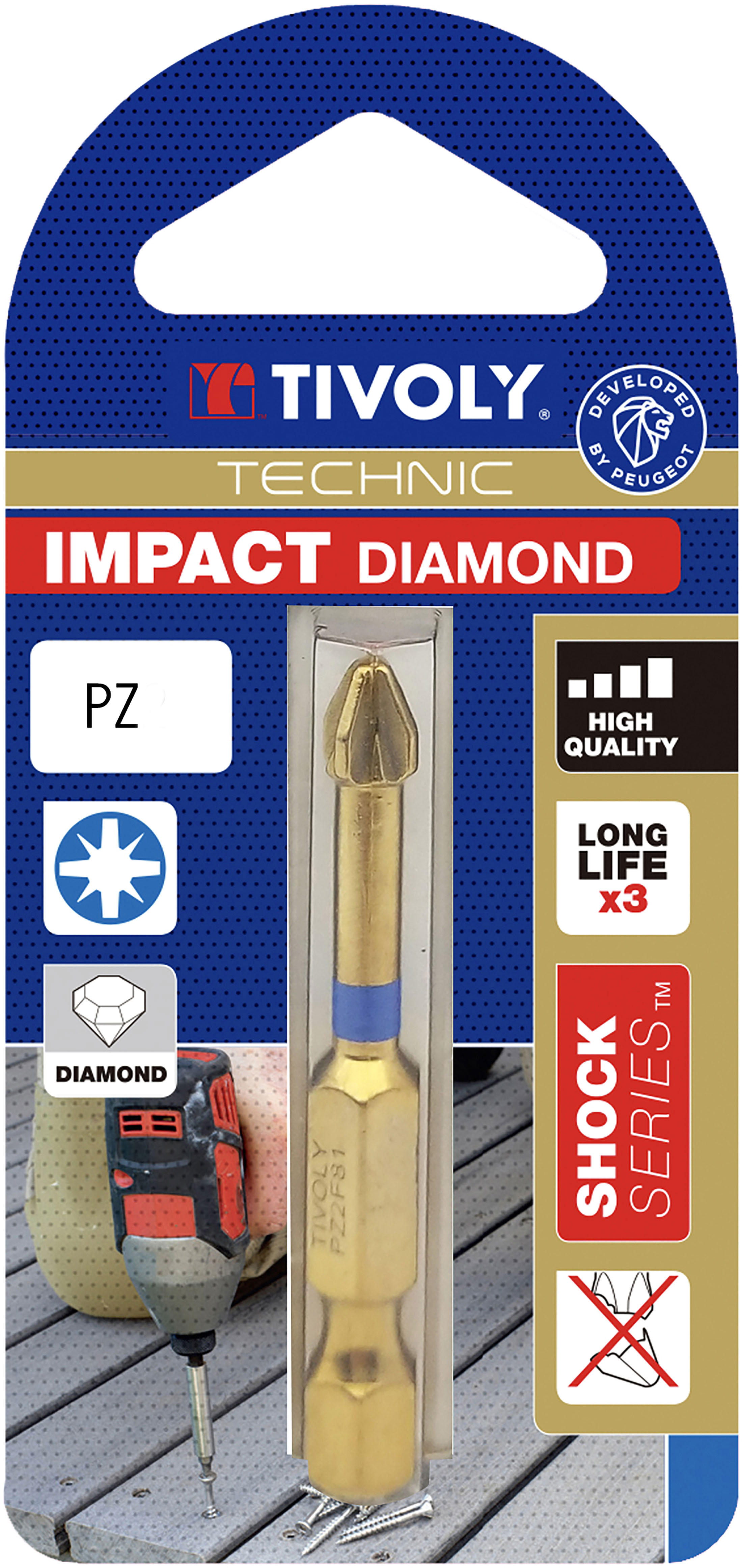 Embout de vissage -Torsion diamant IMPACT -Pour vis Pozidriv N°: N2 / L: 50 TIVOLY - 11523720200