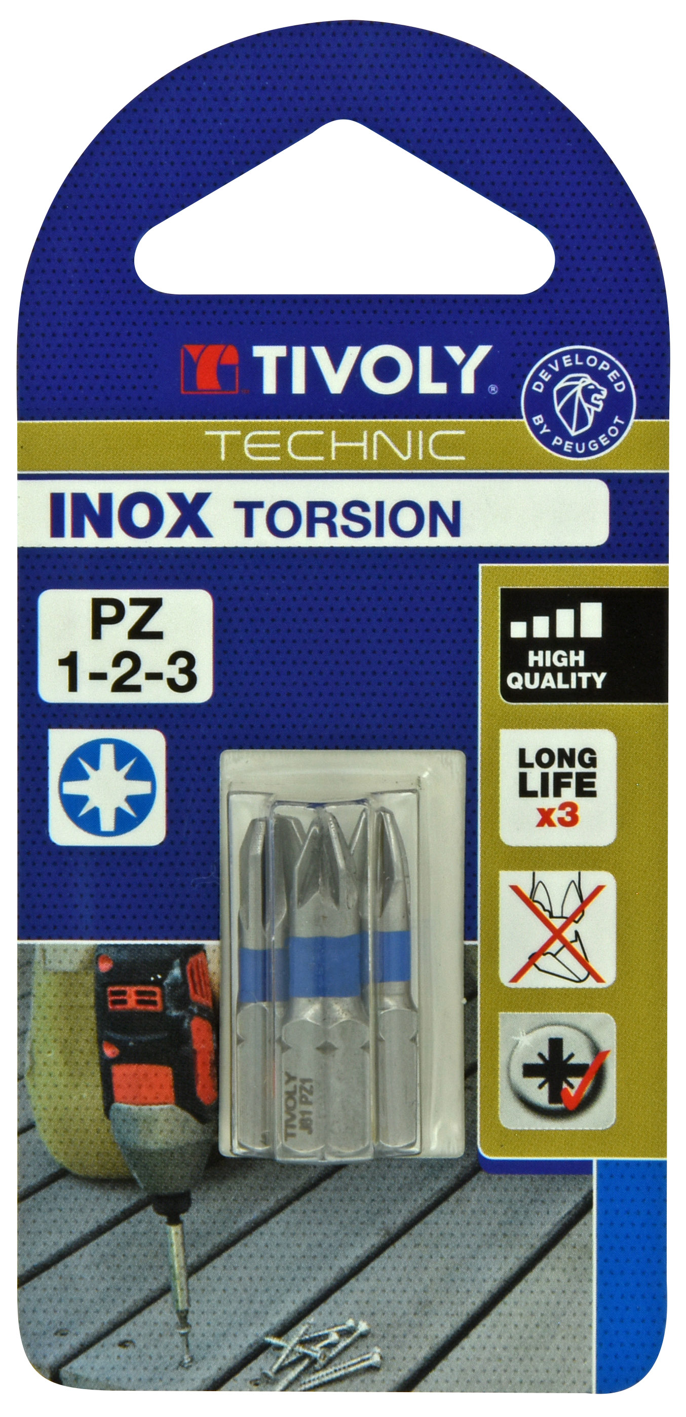 Embout de vissage -Torsion INOX -Pour vis Pozidriv (Blister) N°: N1-2-3 / L: 25 TIVOLY - 11524220001