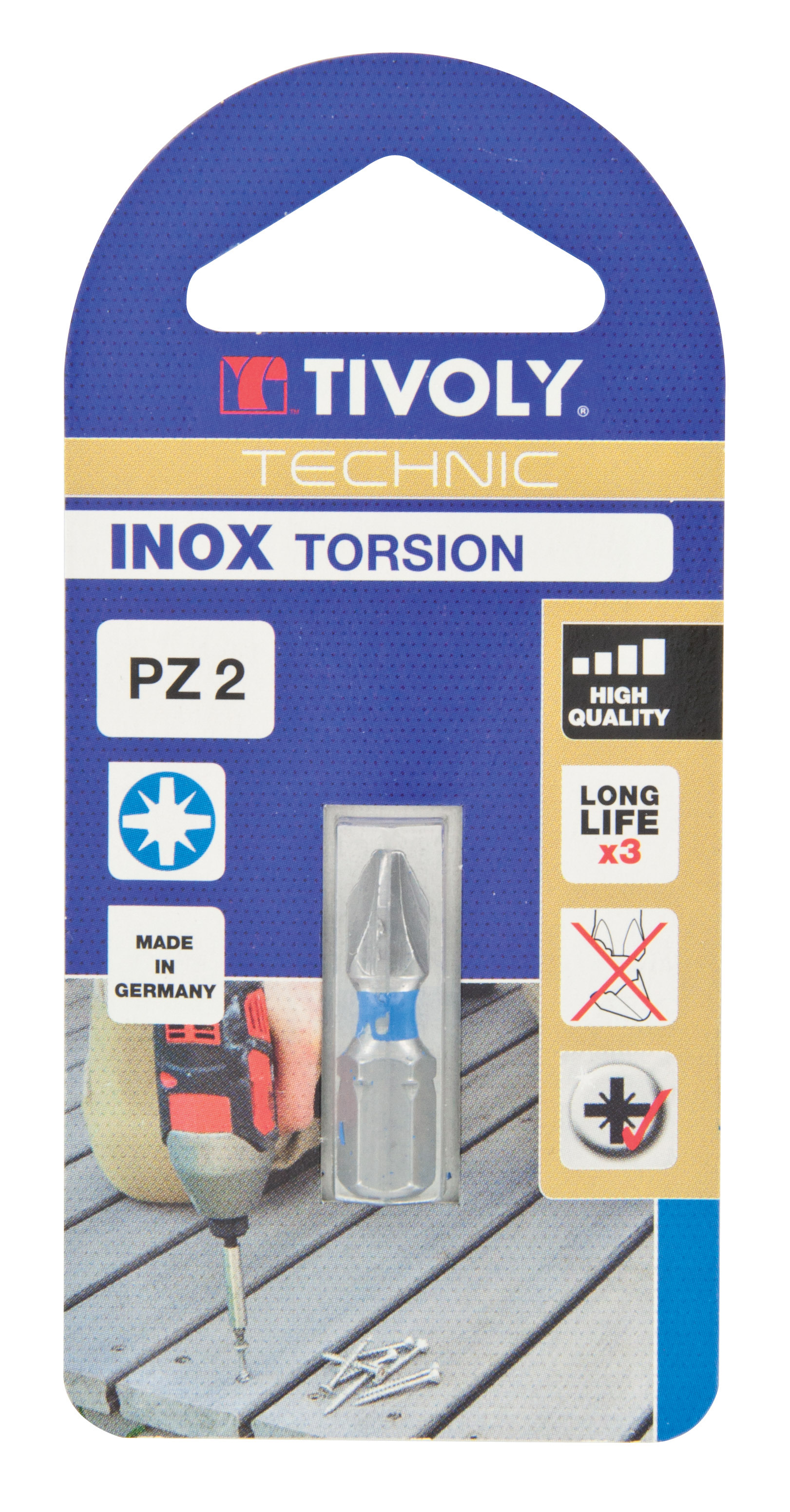Embout de vissage -Torsion INOX -Pour vis Pozidriv (Blister) N°: N2 / L: 25 TIVOLY - 11524220200