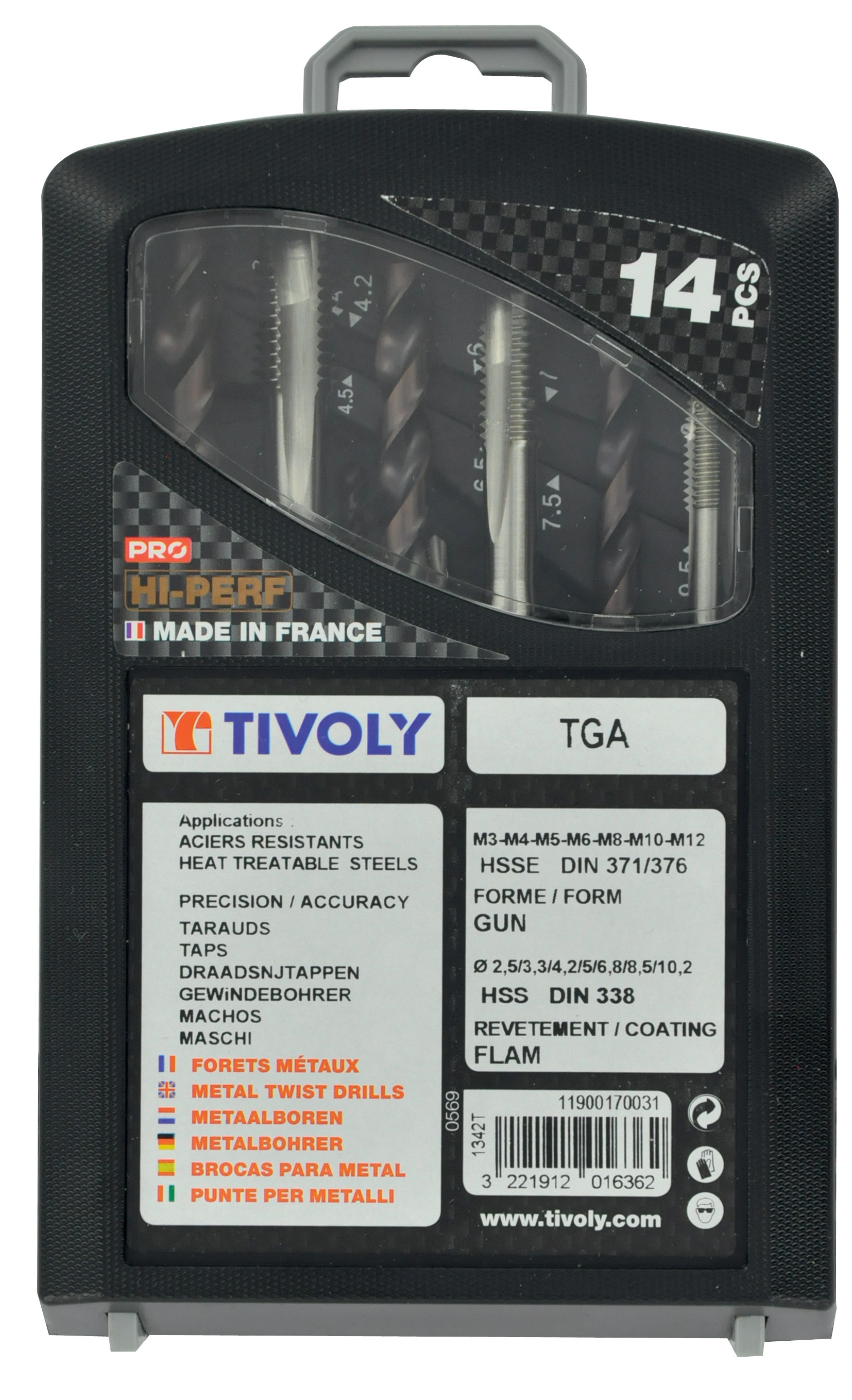 14 pièces - 7 tarauds HSSE5% cobalt GUN DIN 371/6 M3 à M12 + 7 forets HSS FURIUS revêtus Fusio TECHNIC TIVOLY - 11900170031