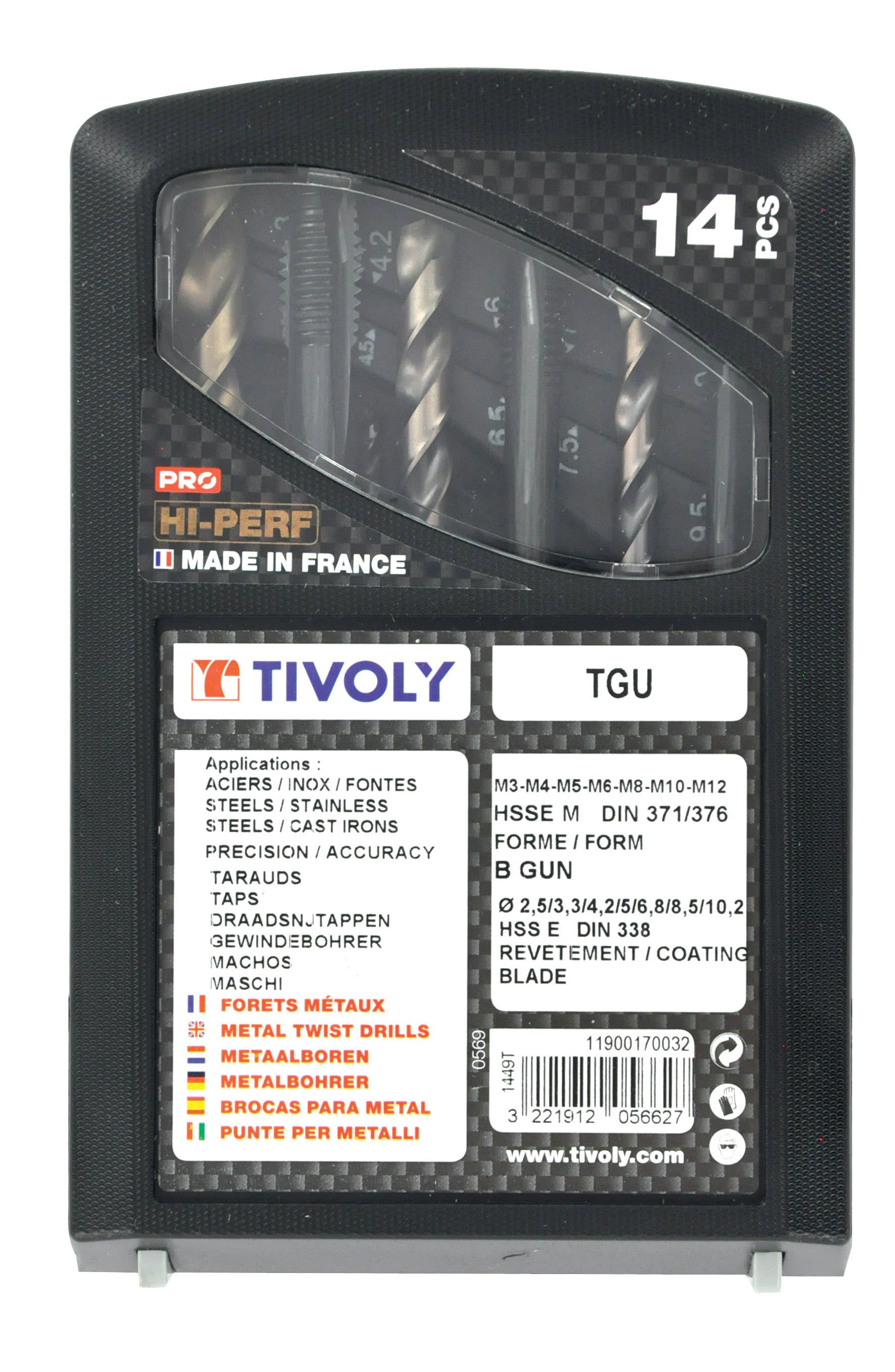 14 pièces -7 tarauds HSSE5% coablt Multi-applications GUN DIN 371/6 M3 à M12 + 7 forets TBX HSSE5 % cobalt revêtus Blade TECHNIC TIVOLY - 11900170032