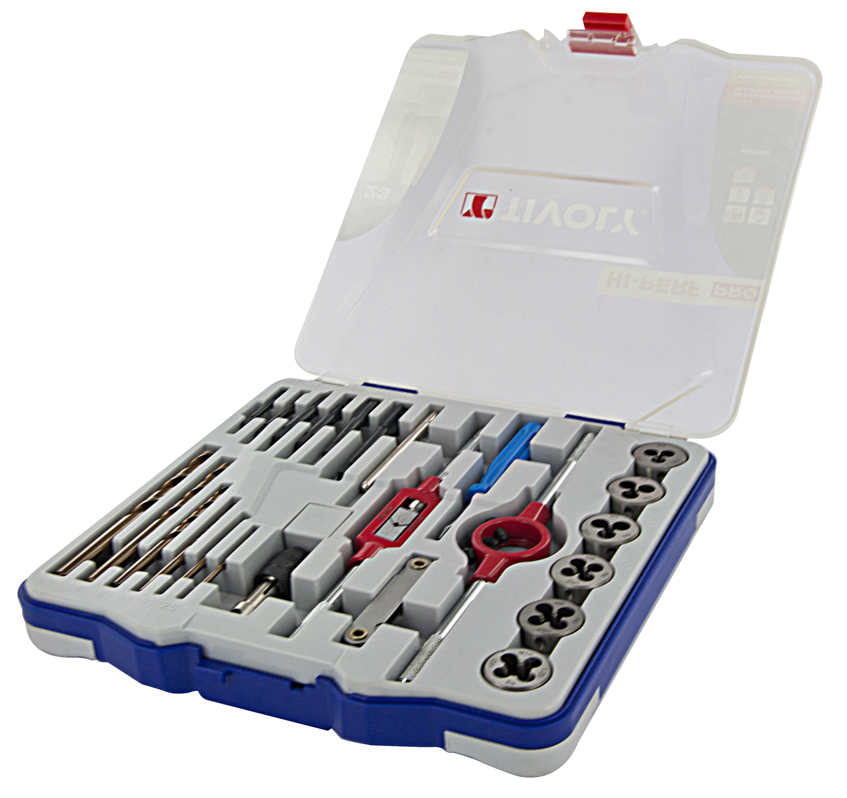 23 pièces -6 tarauds HSS + 6 filières HSS M3 à M10 + 2 tournes à gauche + 1 porte-filière 25,4 + 6 forets HSSE5 + accessoires TIVOLY - 11900870016