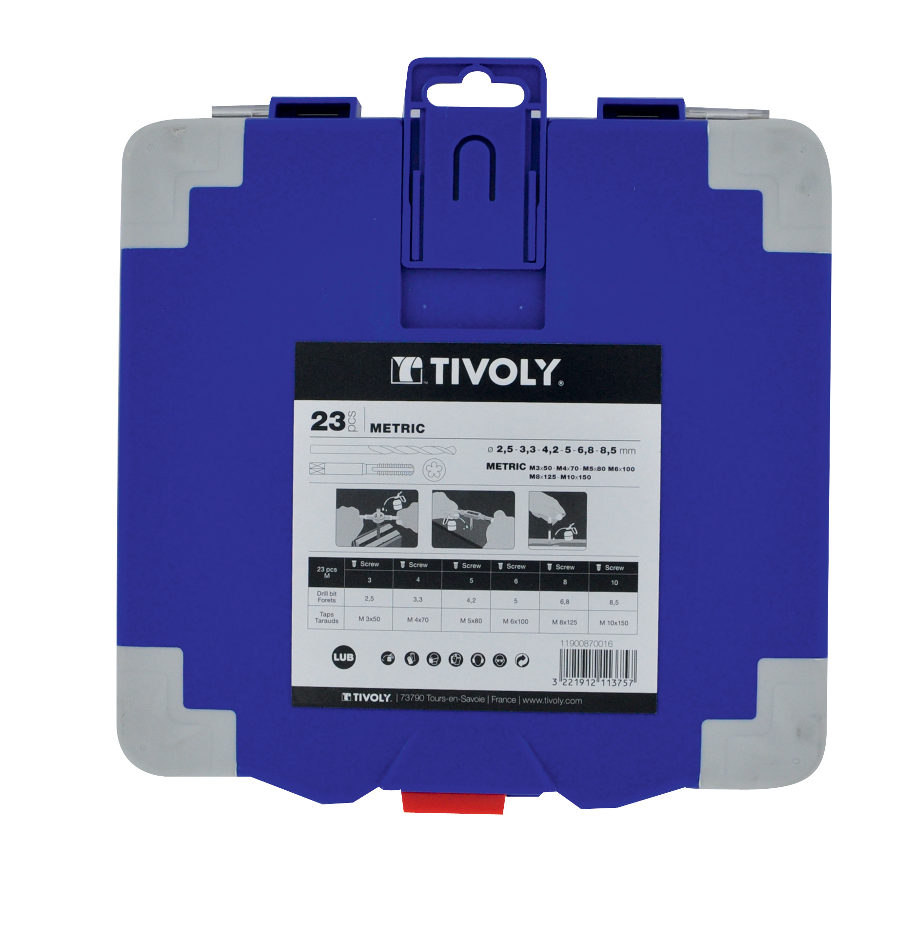 23 pièces -6 tarauds HSS + 6 filières HSS M3 à M10 + 2 tournes à gauche + 1 porte-filière 25,4 + 6 forets HSSE5 + accessoires TIVOLY - 11900870016