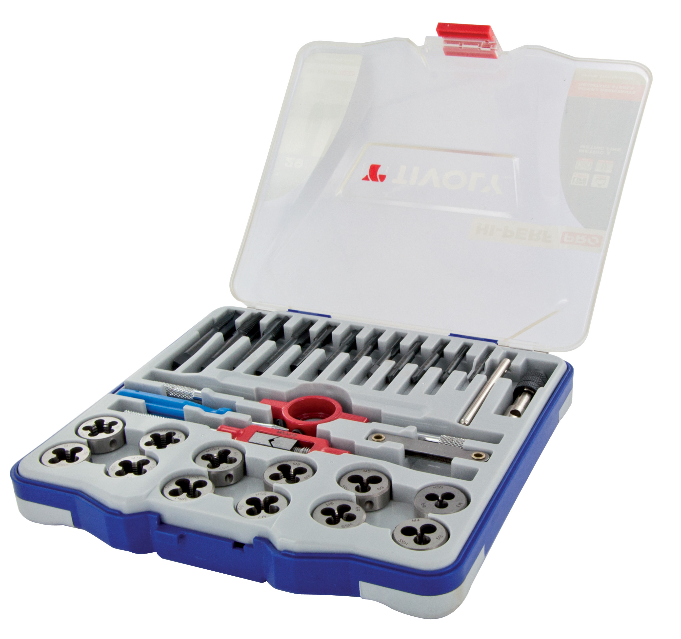 29 pièces - 12 tarauds HSS STEAM GUN DIN352 + 12 filières HSS Ø 25.4 M3 à M12 + 2 tournes à gauche + 1 porte-filière + accessoires TIVOLY - 11900870017