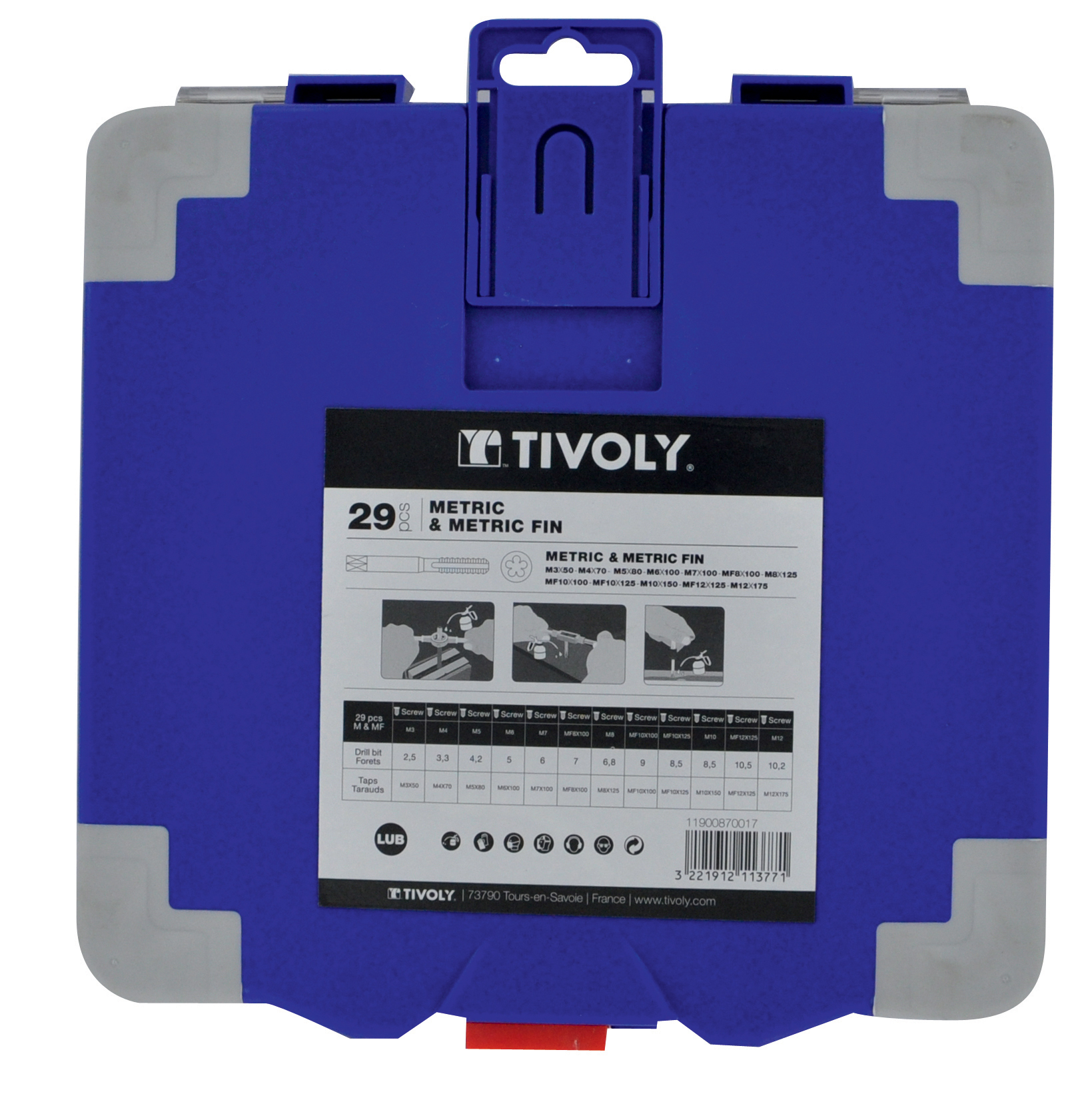 29 pièces - 12 tarauds HSS STEAM GUN DIN352 + 12 filières HSS Ø 25.4 M3 à M12 + 2 tournes à gauche + 1 porte-filière + accessoires TIVOLY - 11900870017