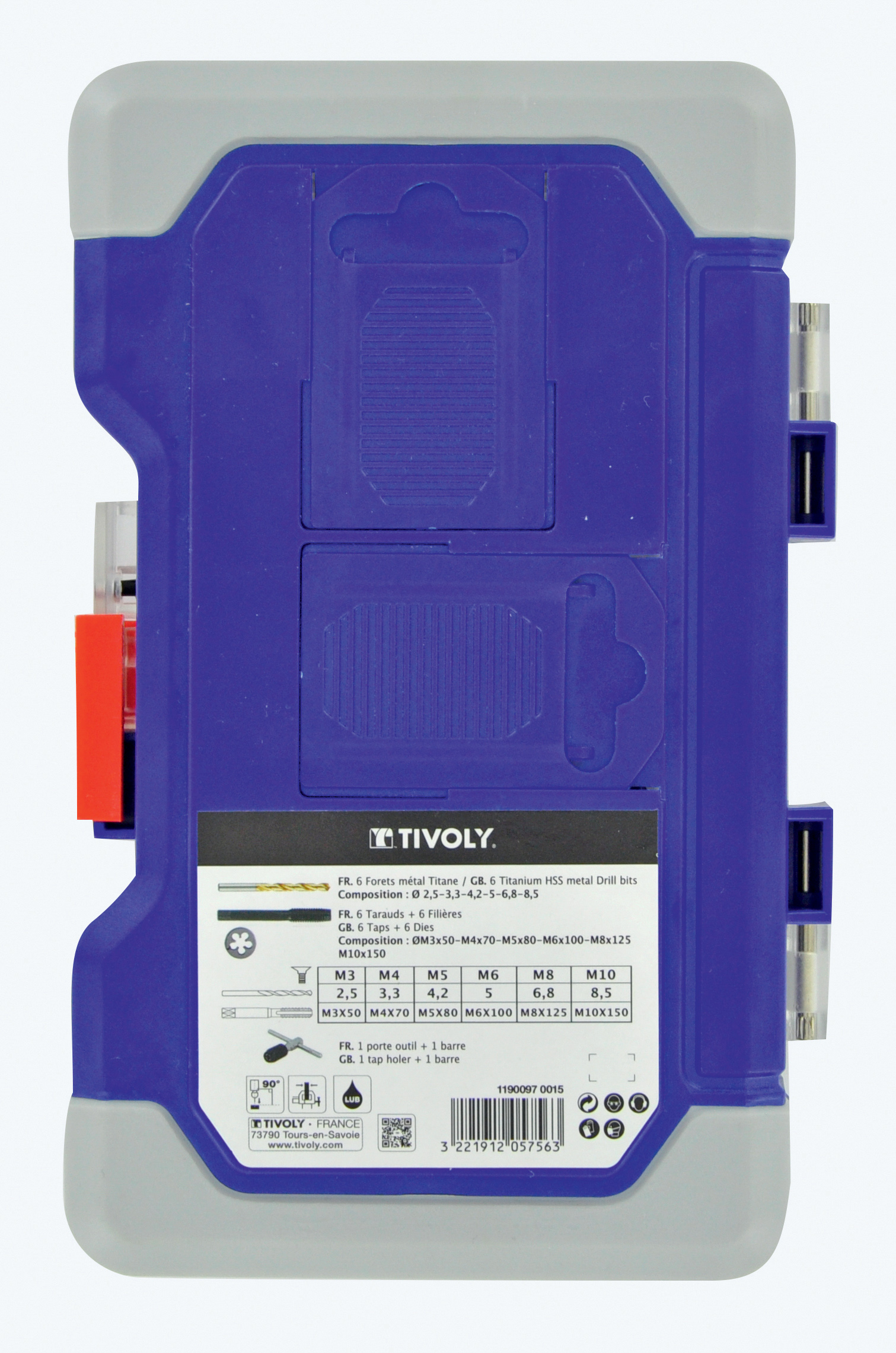 19 pièces -6 tarauds DIN 352 + 6 filières hexagonales M3 à M10 + 1 tourne à gauche + 6 forets HSS rectifiés revêtu TiN TIVOLY - 11900970015